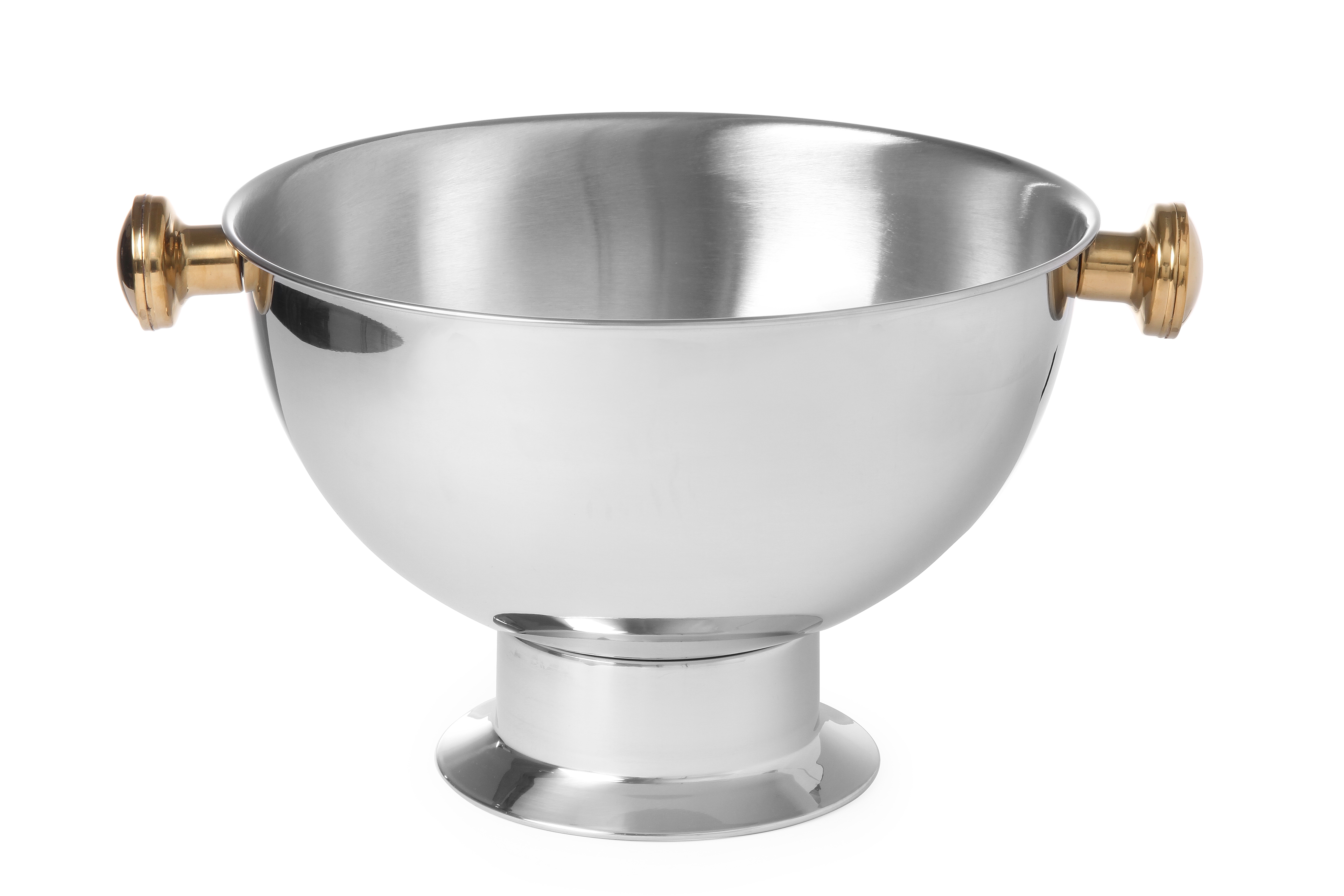 Un secchiello per champagne in acciaio inox con manici dorati su sfondo bianco.