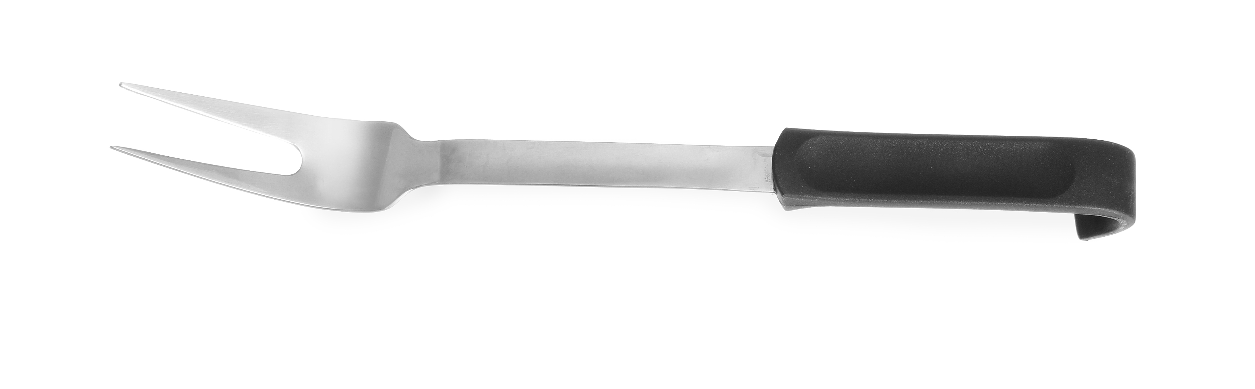 Forchetta da intaglio argentata con manico nero. Sfondo bianco.