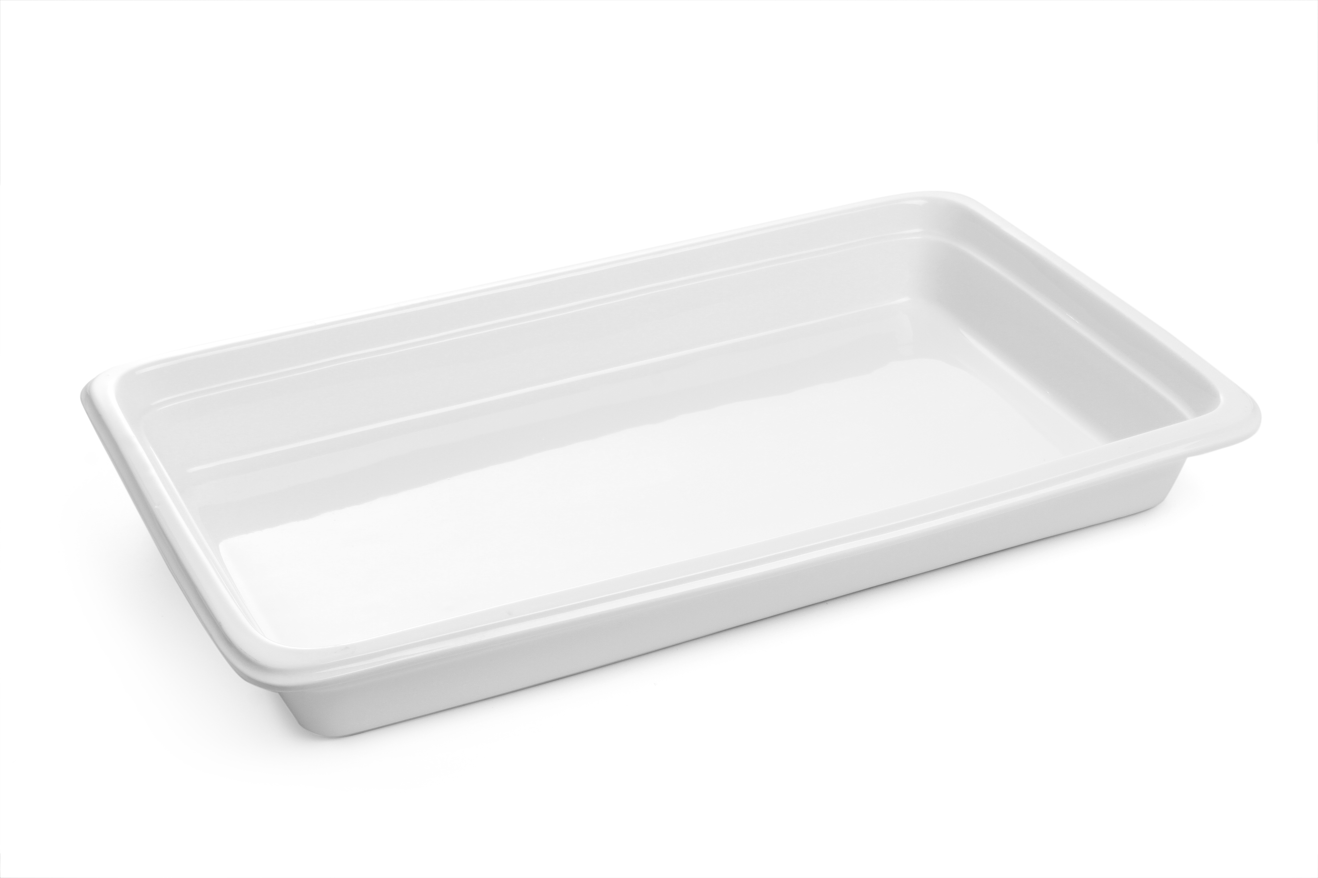 Contenitore per alimenti rettangolare bianco su sfondo bianco.