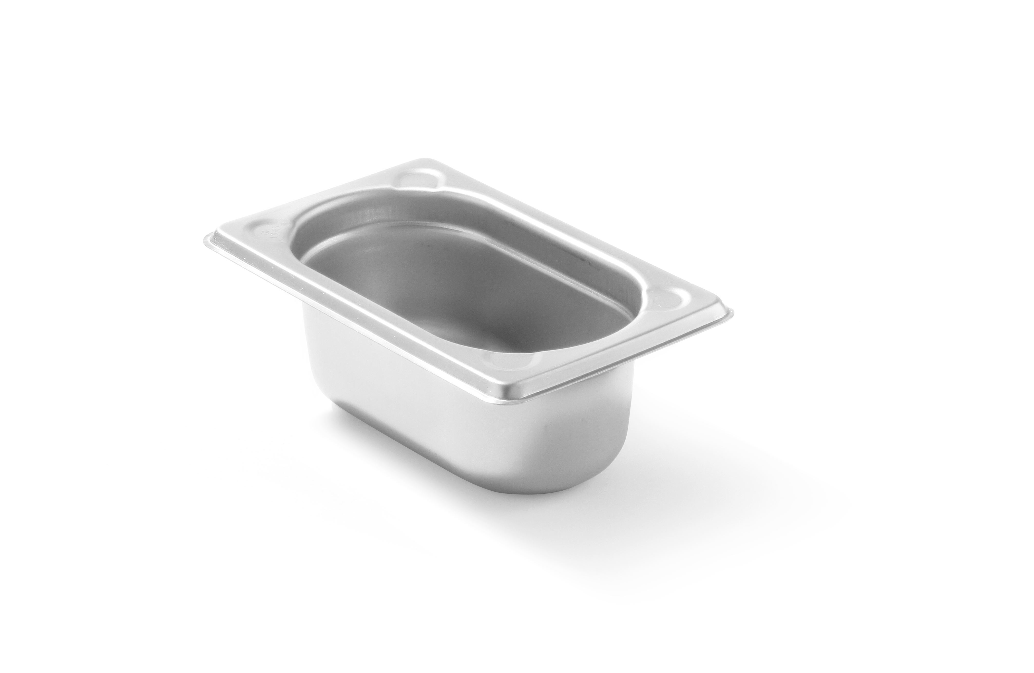 Contenitore rettangolare in acciaio inox con fondo arrotondato e bordo su sfondo bianco.