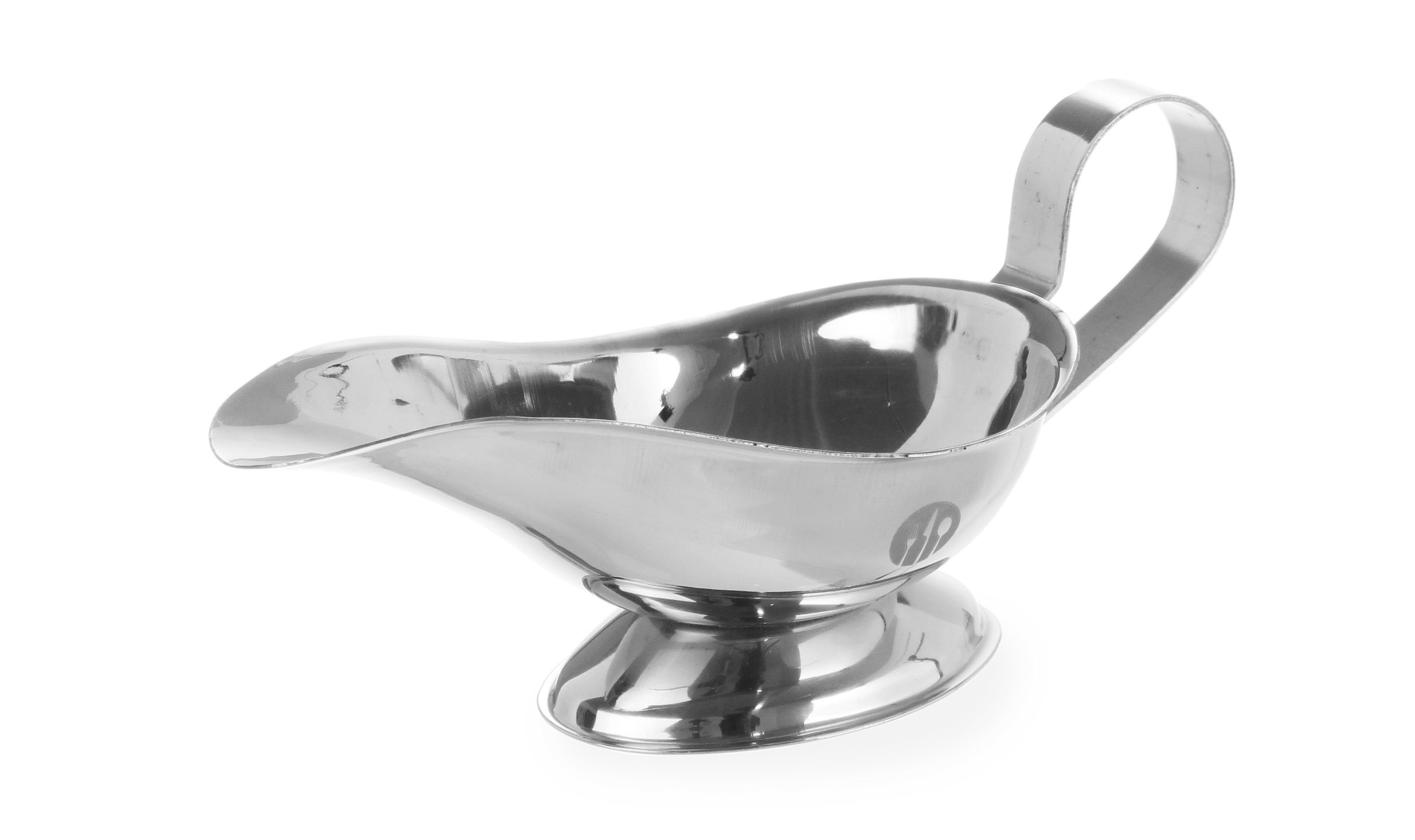 Una salsiera in acciaio inox con manico, su sfondo bianco.