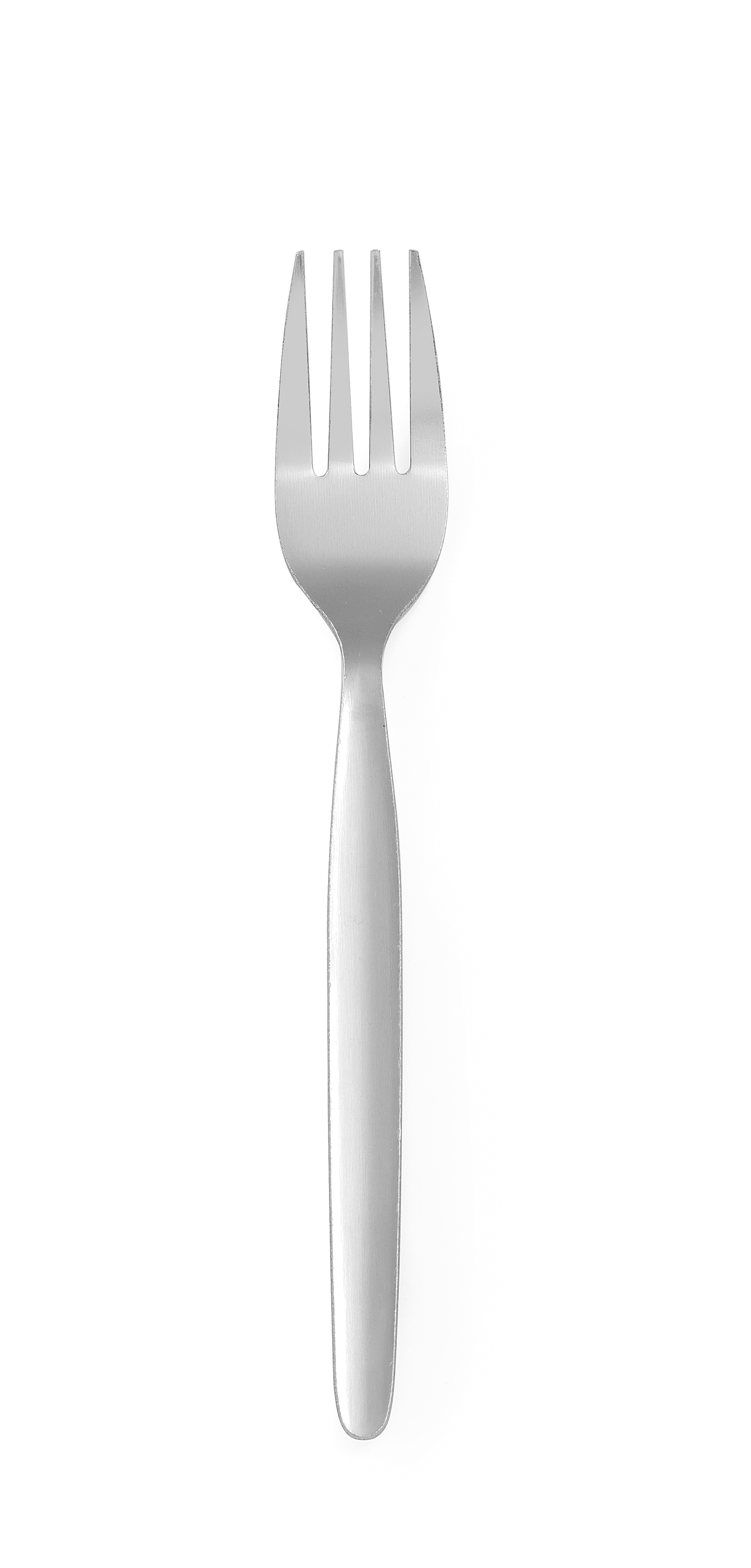 Forchetta argentata su sfondo bianco.