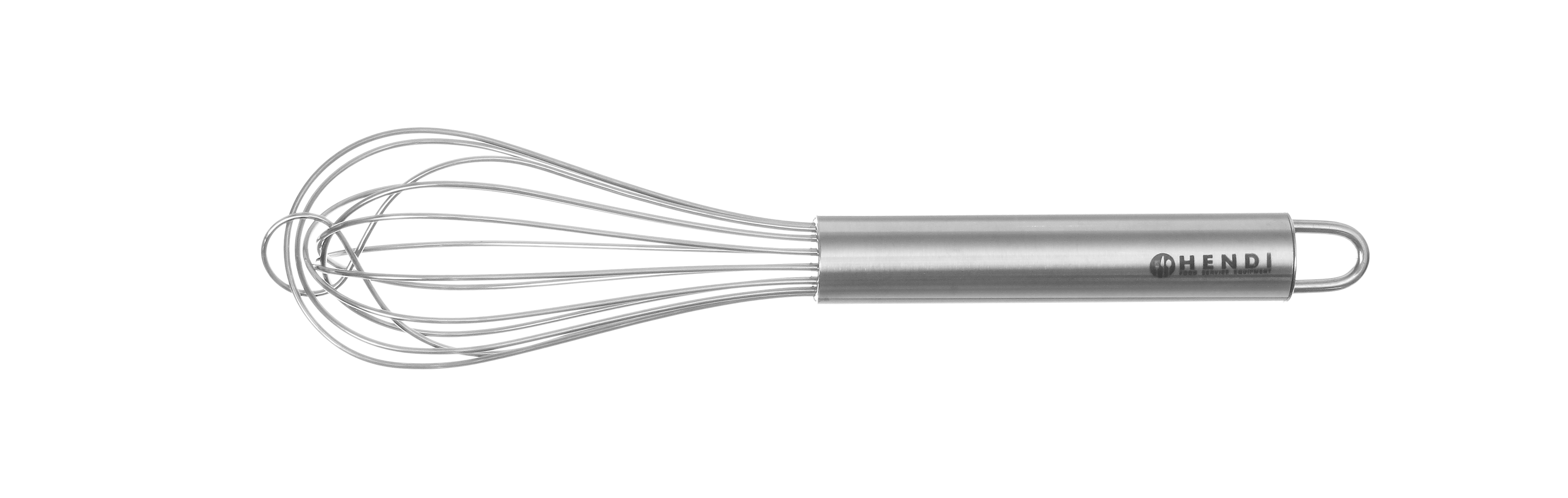Una frusta in acciaio inox con manico, su sfondo bianco.