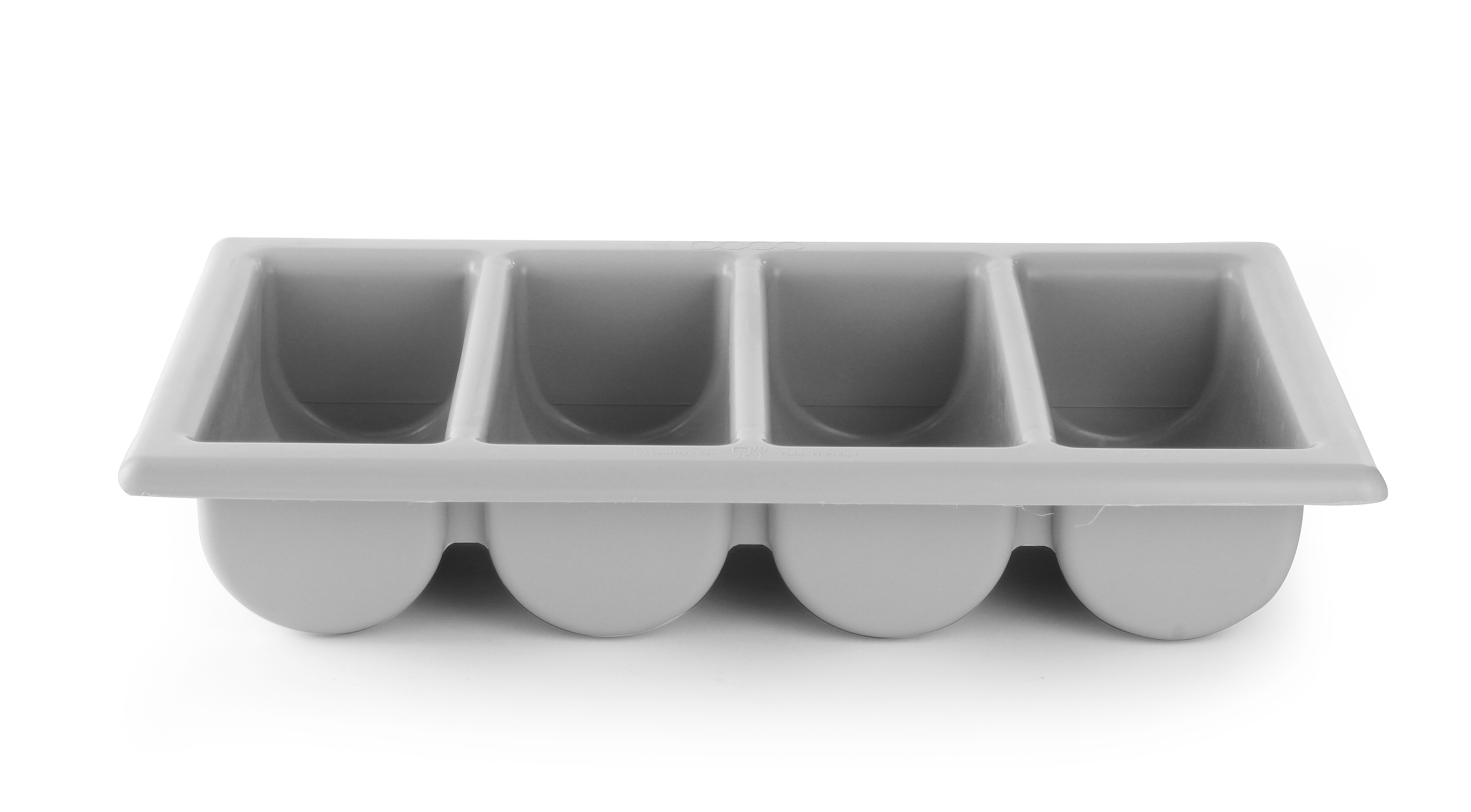 Un vassoio grigio per posate con quattro scomparti, bianco.