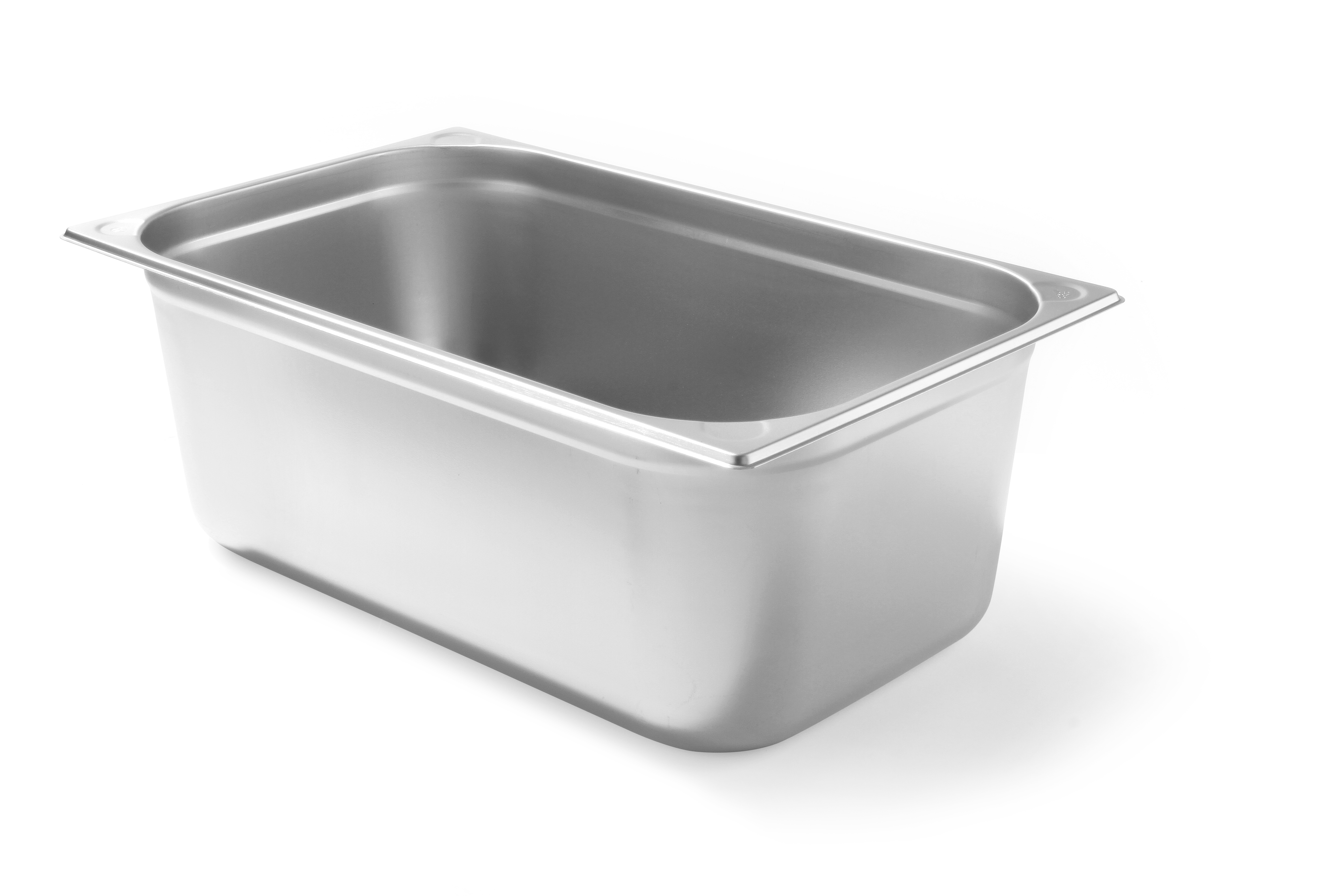 Una vaschetta per alimenti in acciaio inox, su sfondo bianco.