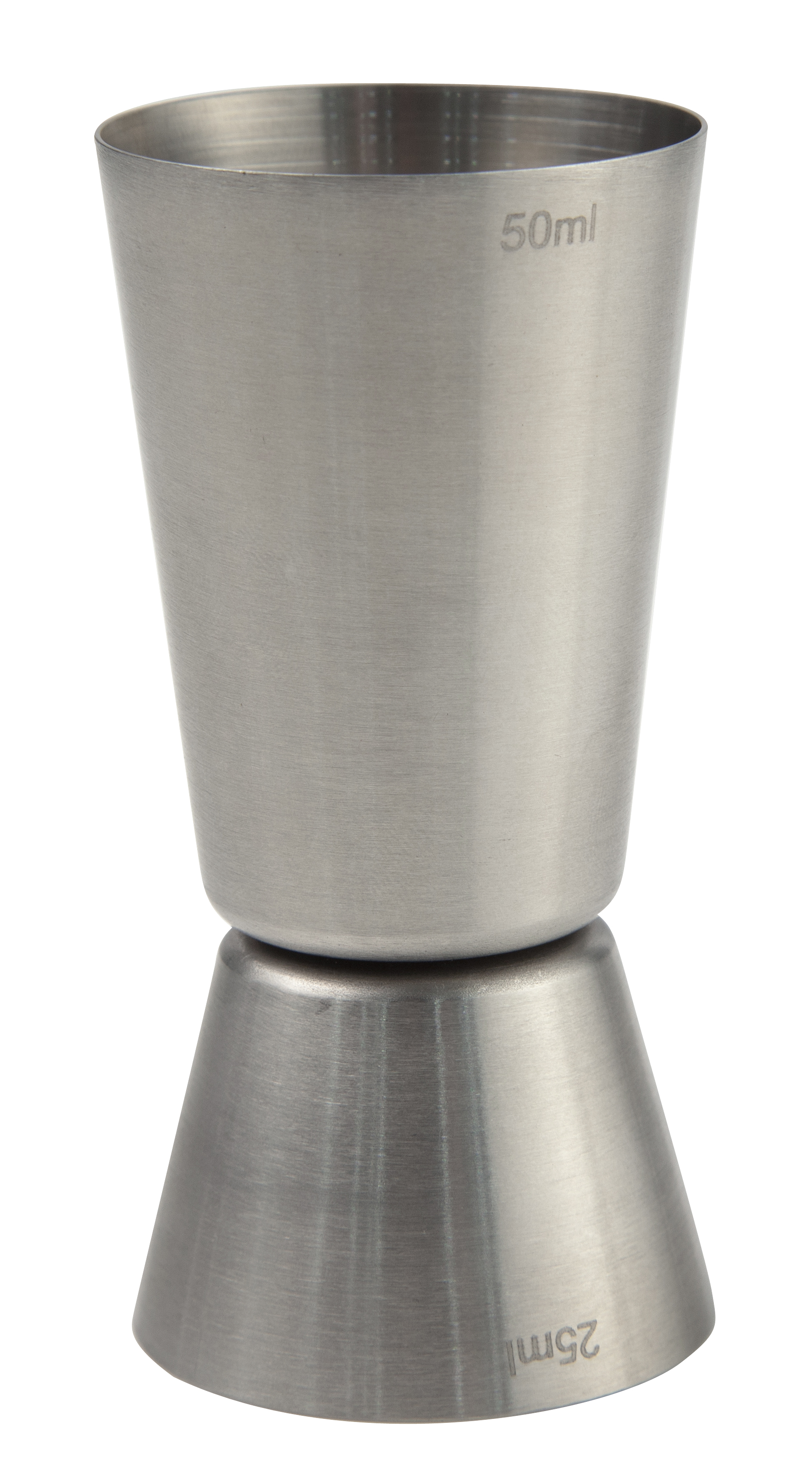 Un jigger doppio in acciaio inossidabile. Ha una grande base conica e una parte superiore conica più piccola.