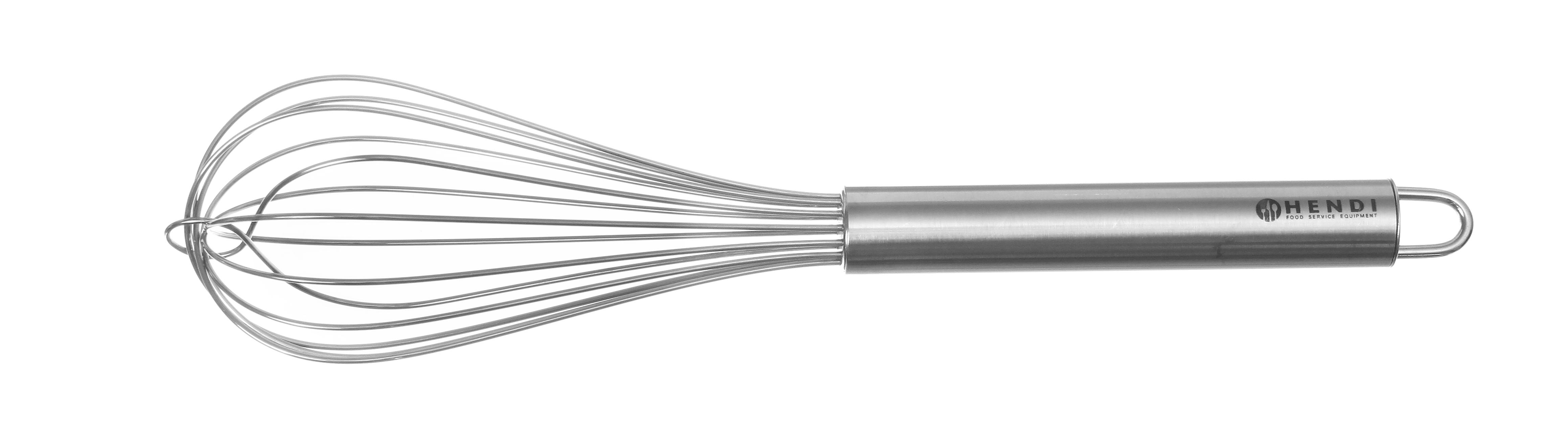 Frusta in acciaio inox con manico arrotondato su sfondo bianco, orizzontale.