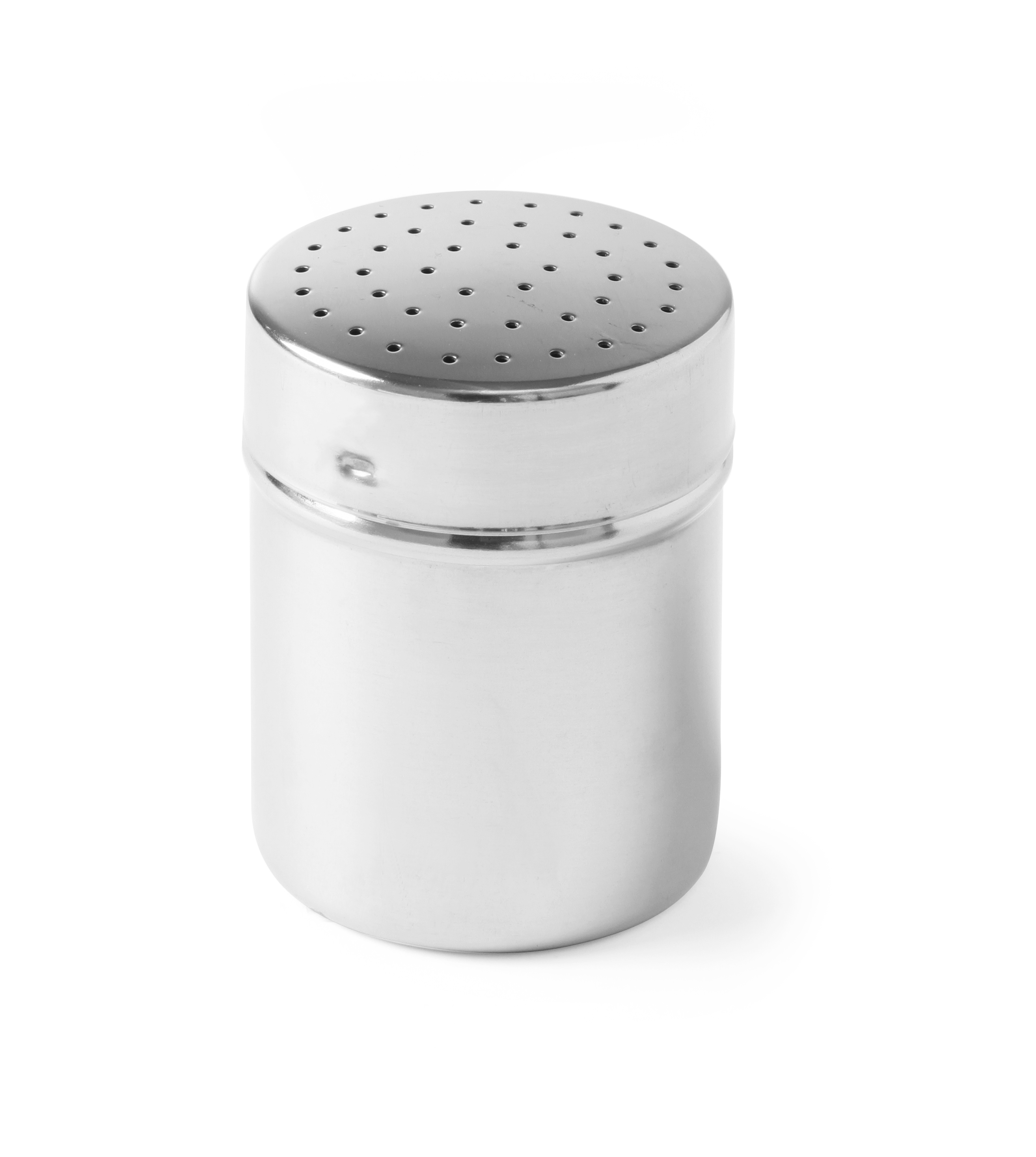 Shaker in acciaio inox con parte superiore perforata e corpo cilindrico su sfondo bianco.