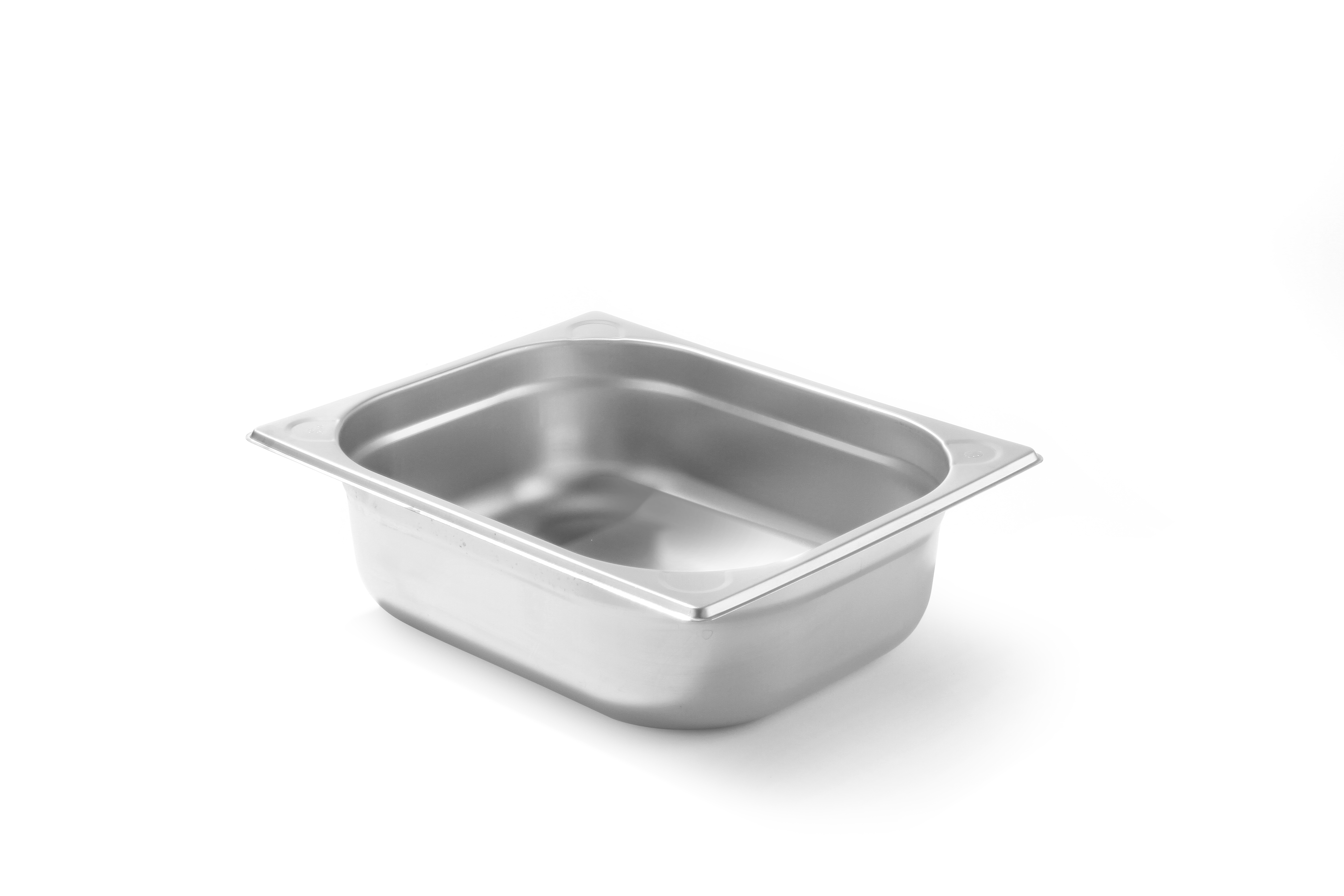 Vassoio alimentare in acciaio inox su sfondo bianco.
