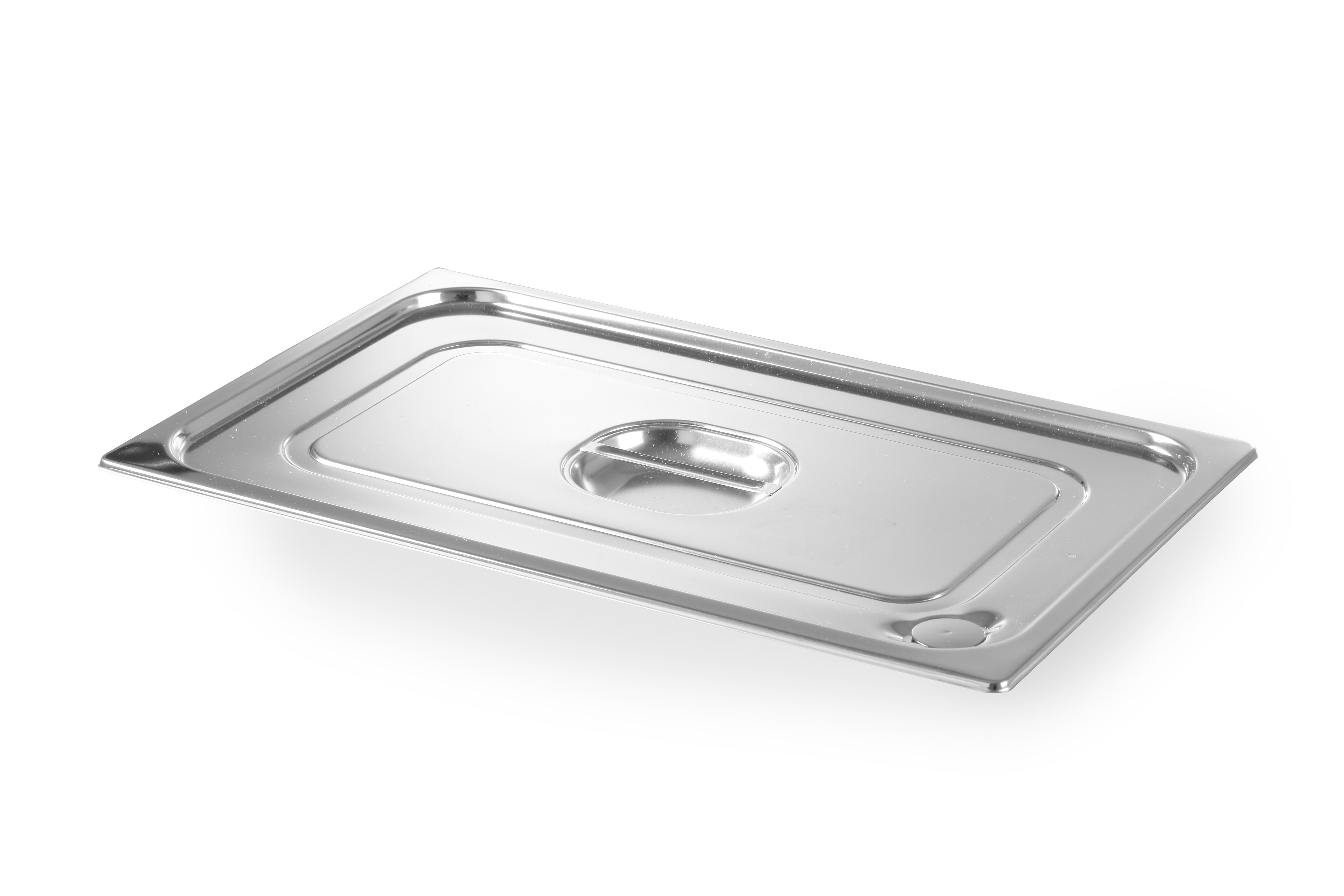 Un coperchio per vaschetta in acciaio inox, bianco.