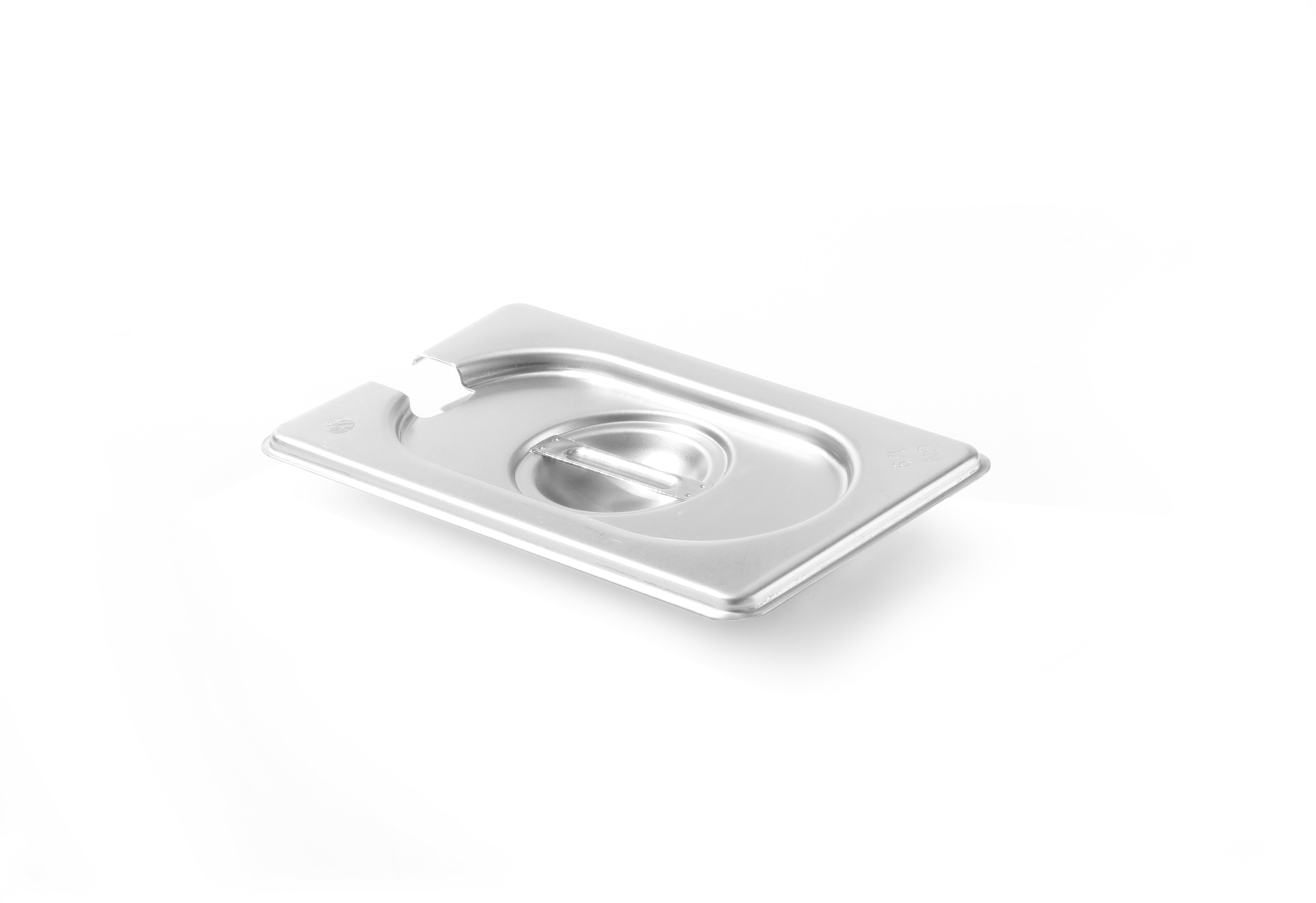 Un coperchio per vaschetta in acciaio inox su sfondo bianco.
