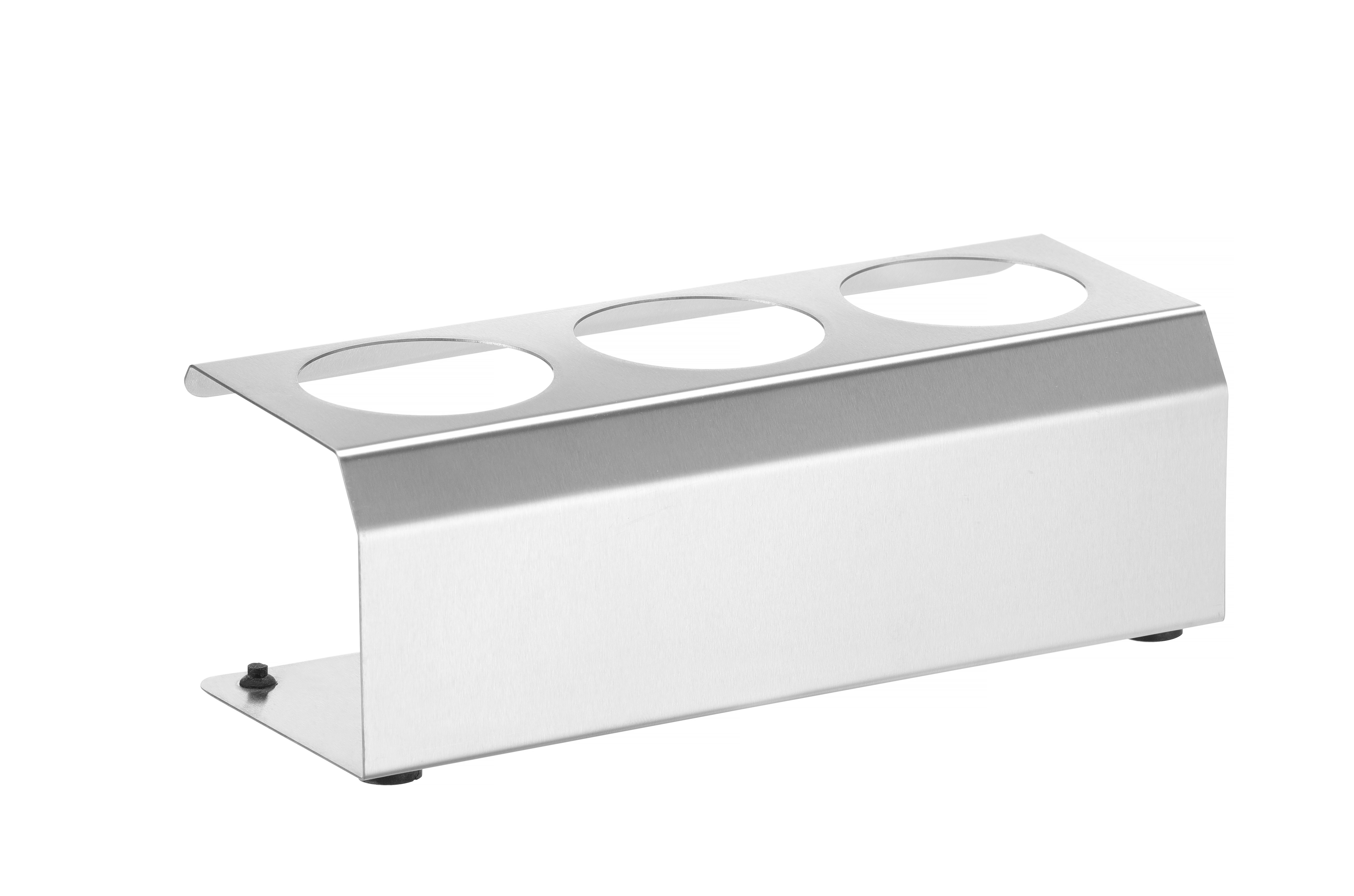 Un supporto in acciaio inossidabile con tre aperture circolari su sfondo bianco.