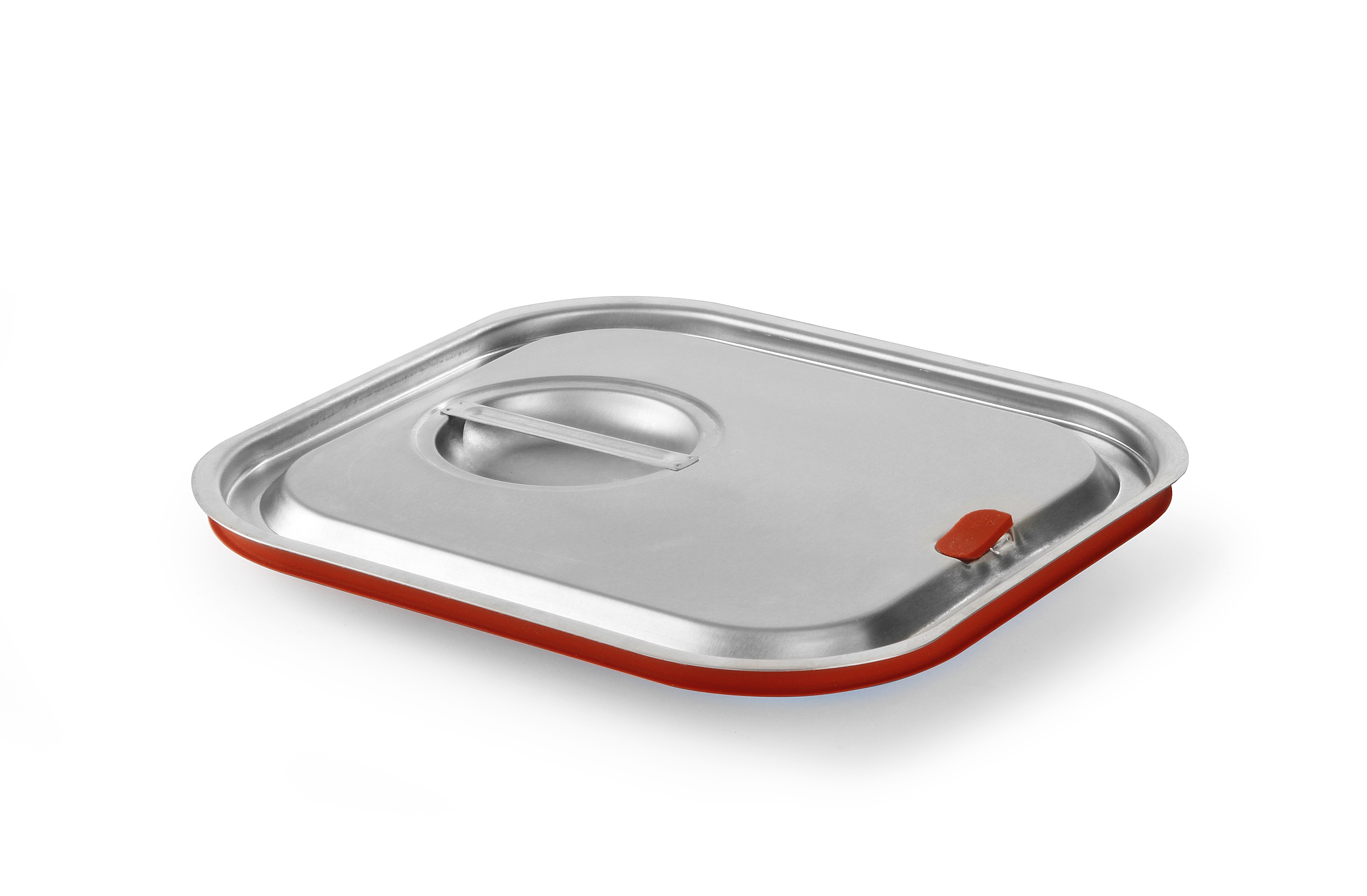 Un contenitore in acciaio inossidabile con coperchio e guarnizione in gomma rossa.