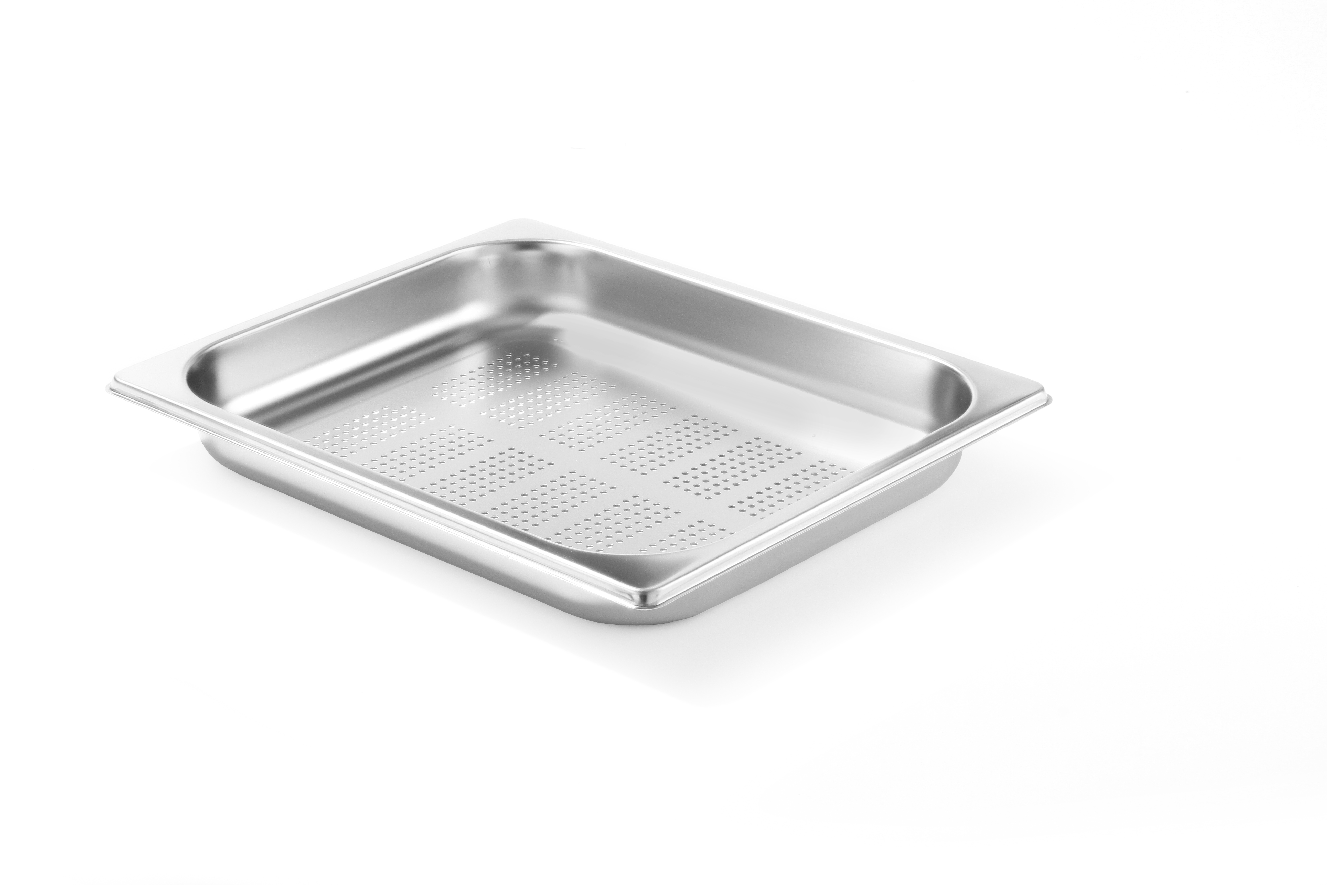 Una vaschetta in acciaio inox forata, bianco.