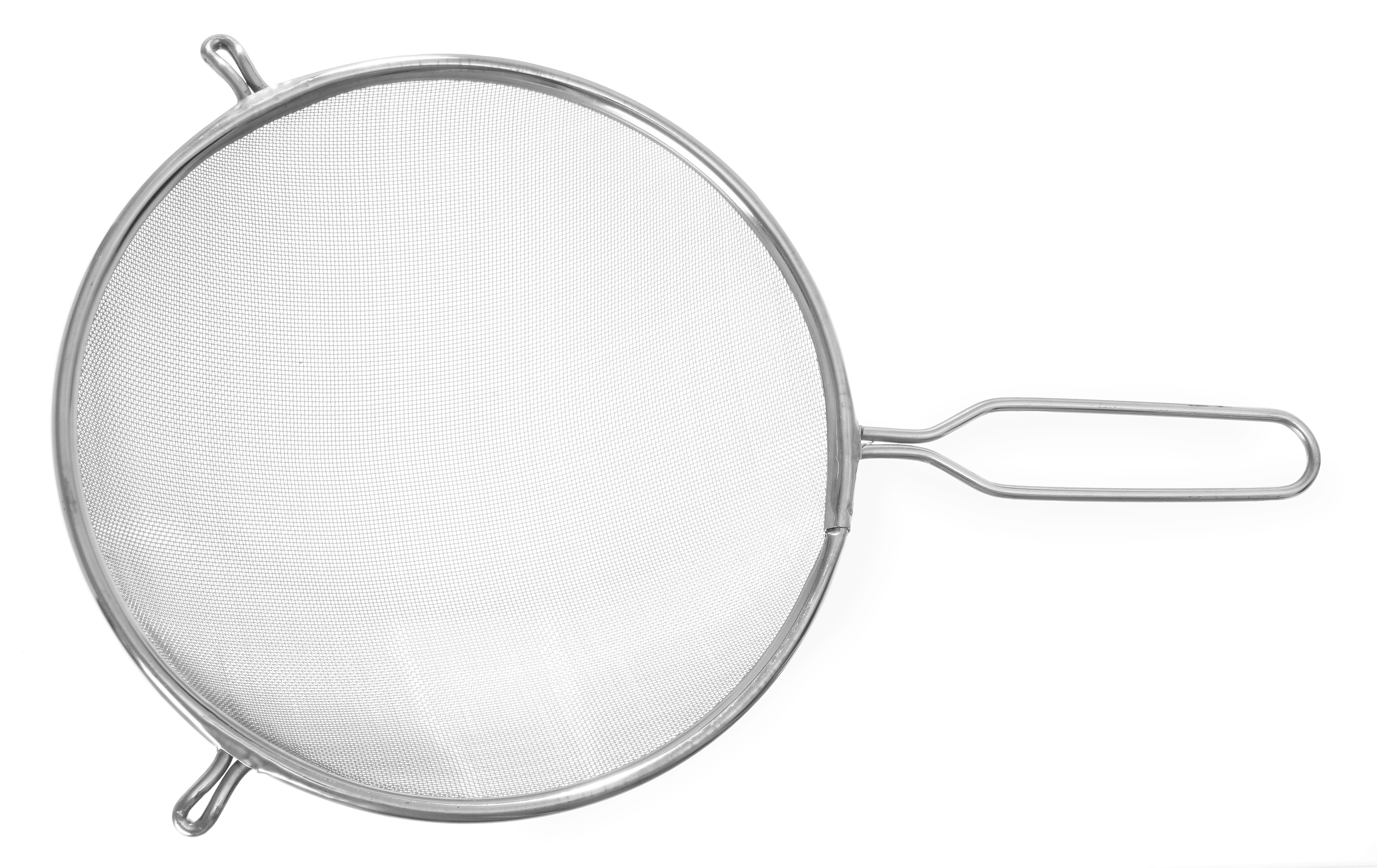 Colino in acciaio inox con rete a maglia fine e manico, su sfondo bianco.