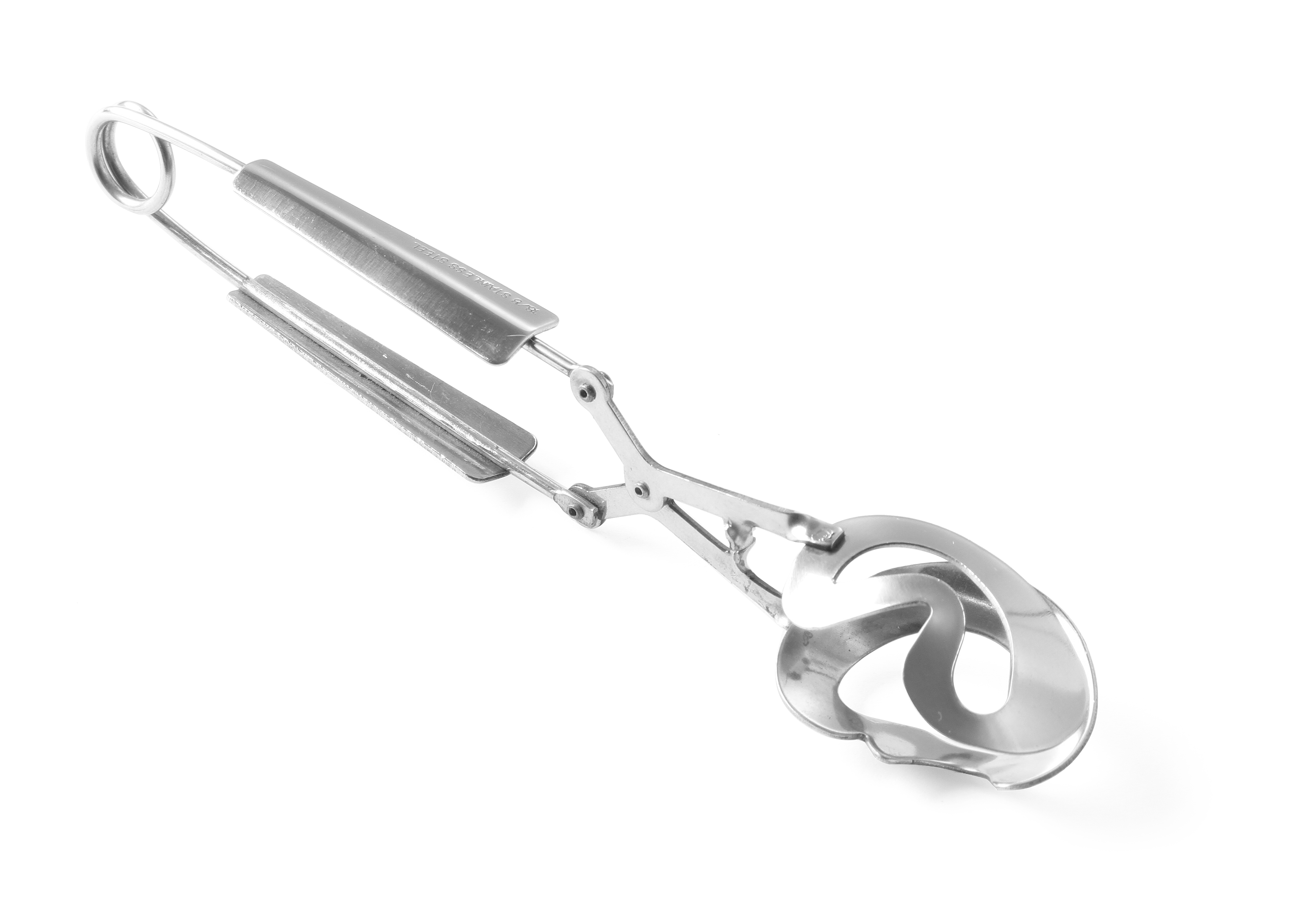 Una pinza in acciaio inox per alimenti, su sfondo bianco.