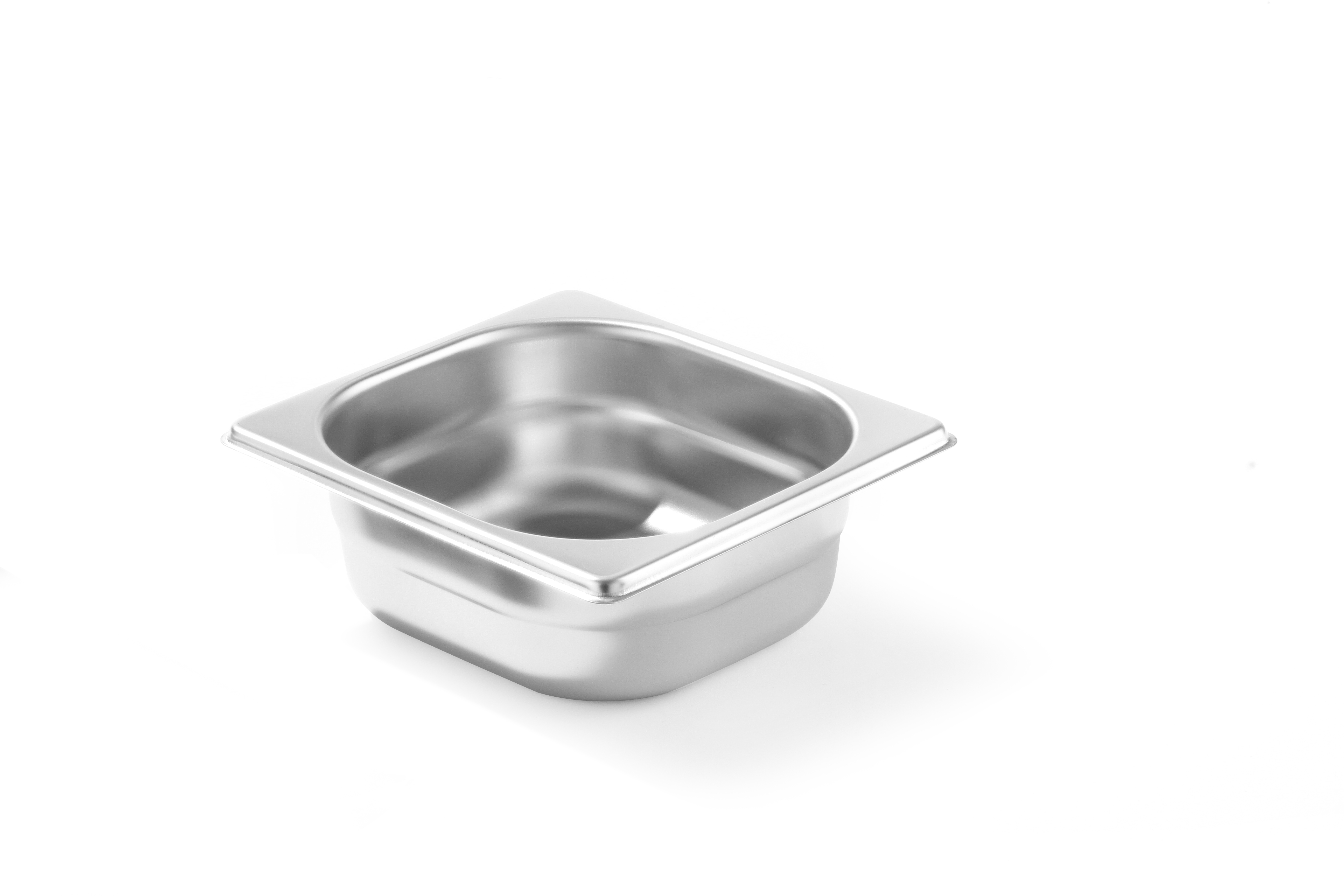 Contenitore quadrato in acciaio inox, parte superiore aperta, su sfondo bianco.