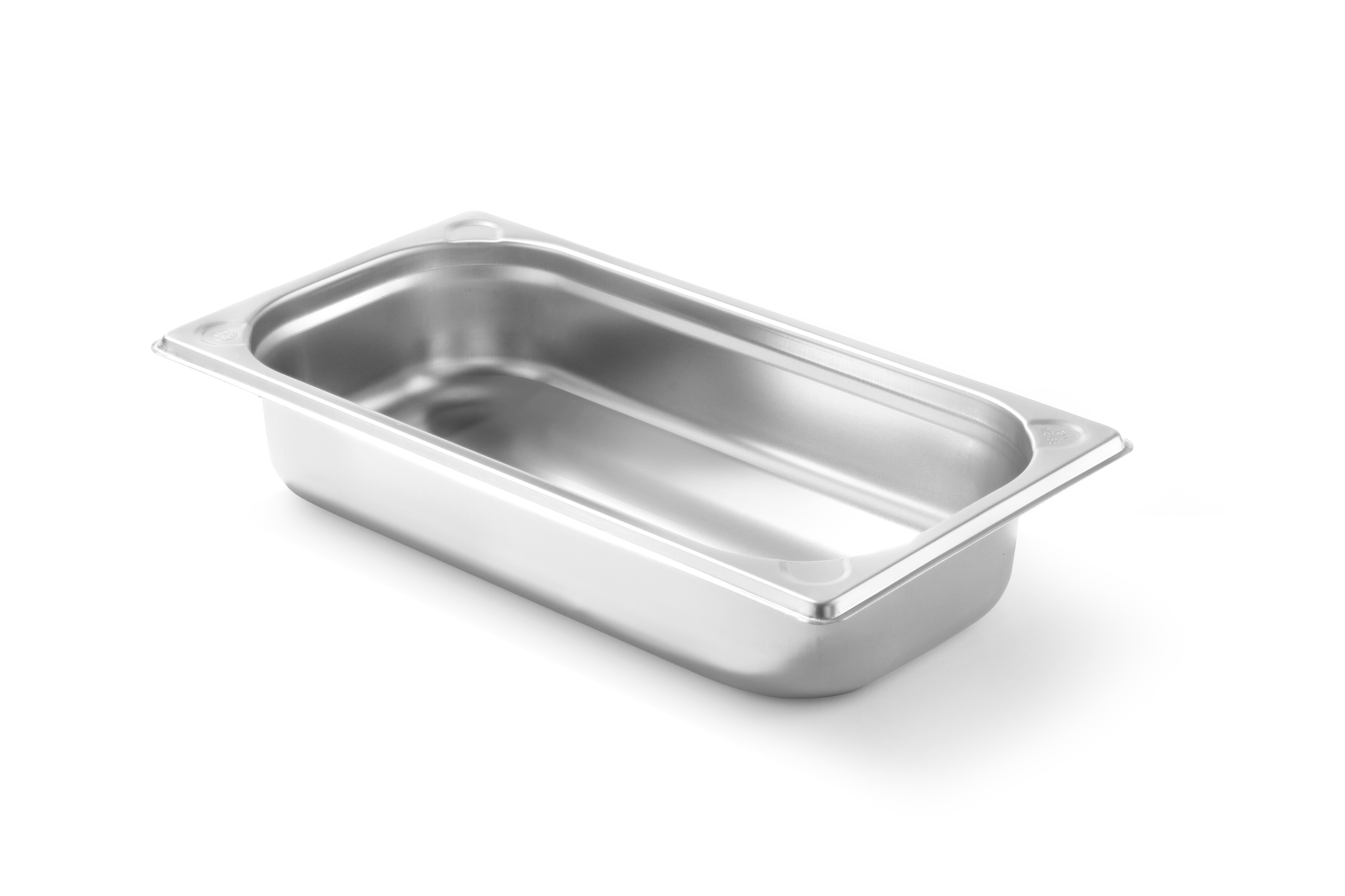 Vassoio rettangolare in acciaio inox su sfondo bianco.