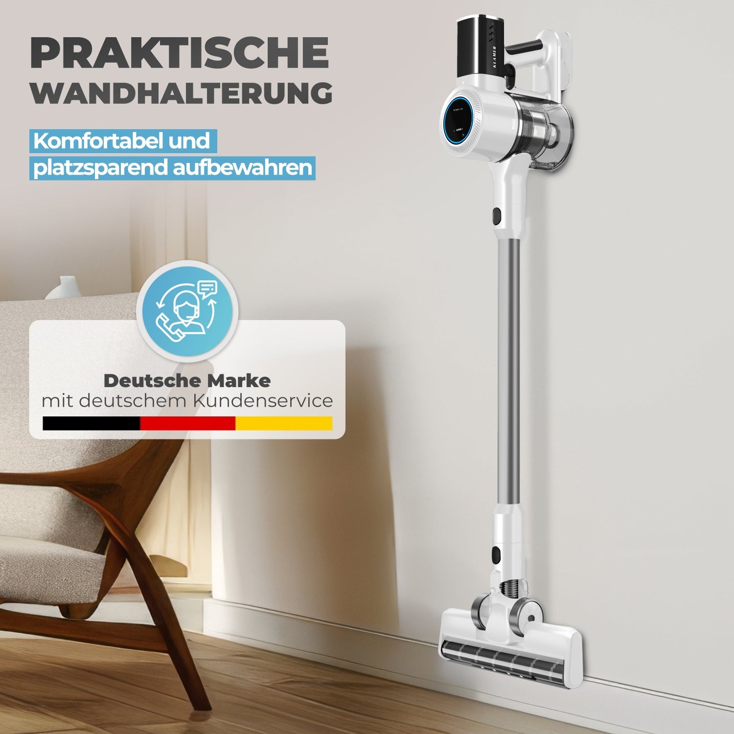 KLAMER Akku-Hand-und Stielstaubsauger 420 Watt Kabelloser, 2 Akkus, Flexibler Handstaubsauger mit verschied…, 420 W, beutellos, 25,2V Akku, LED Display & Frontlicht, Leichte Steuerung, 3 Aufsätze