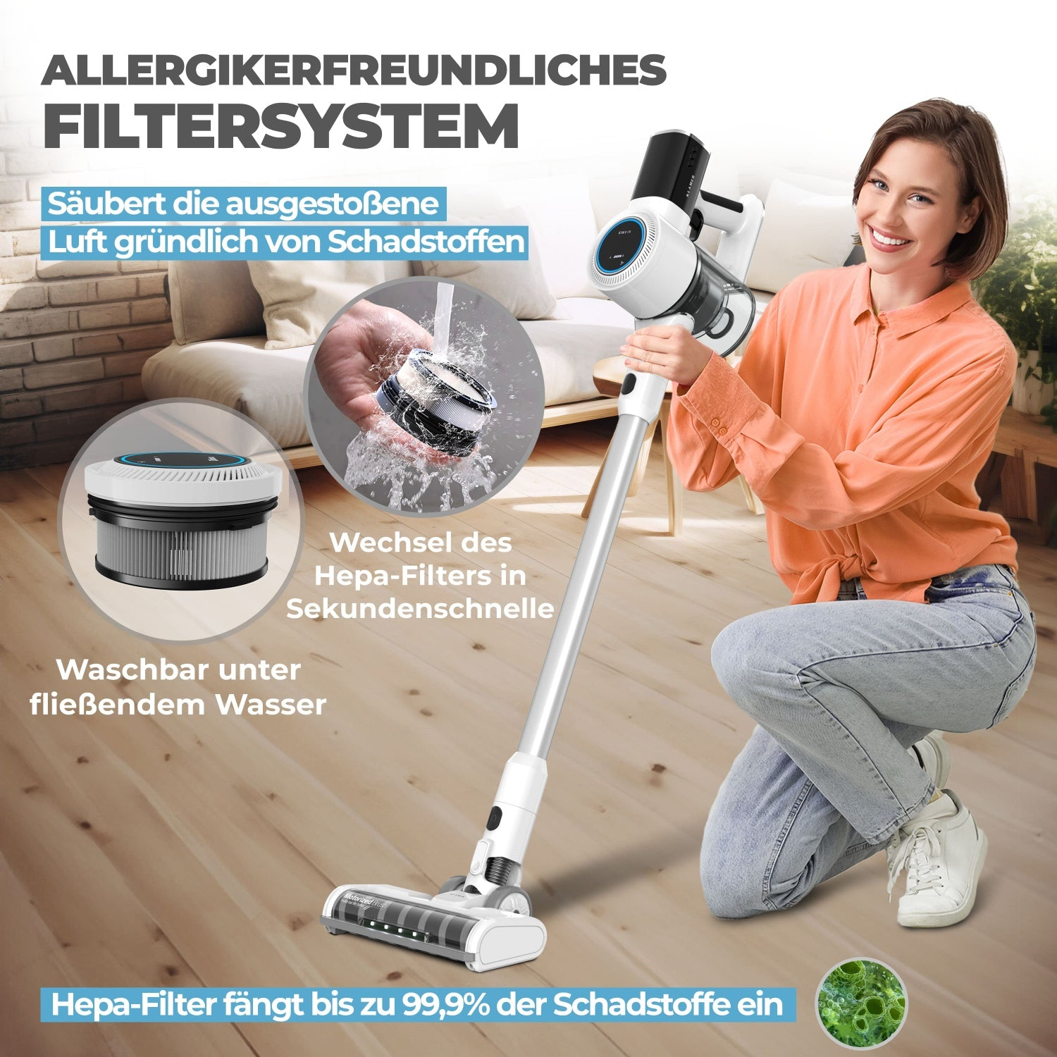 KLAMER Akku-Hand-und Stielstaubsauger 420 Watt Kabelloser, 2 Akkus, Flexibler Handstaubsauger mit verschied…, 420 W, beutellos, 25,2V Akku, LED Display & Frontlicht, Leichte Steuerung, 3 Aufsätze