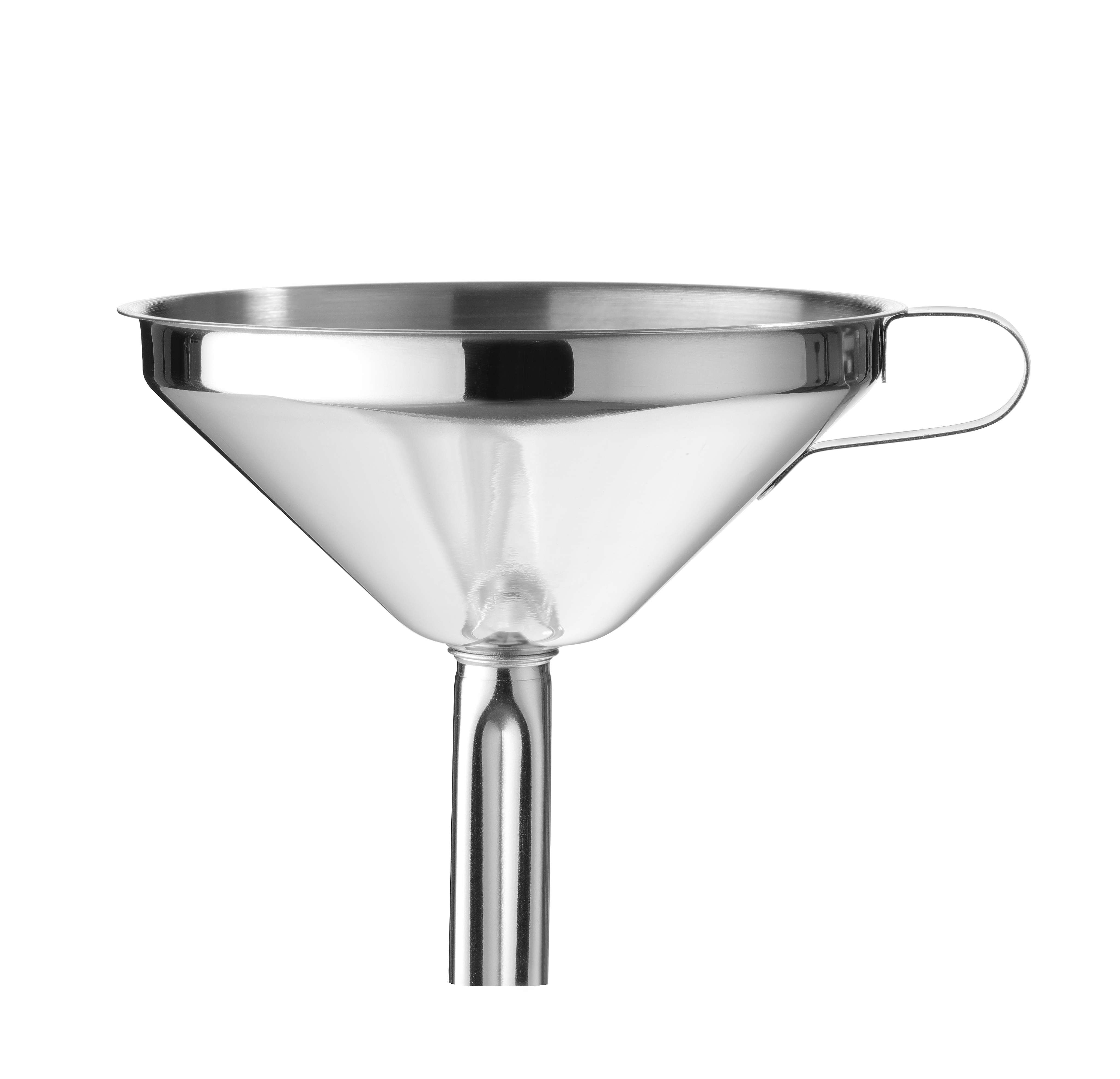 Imbuto in acciaio inox con manico su sfondo bianco.