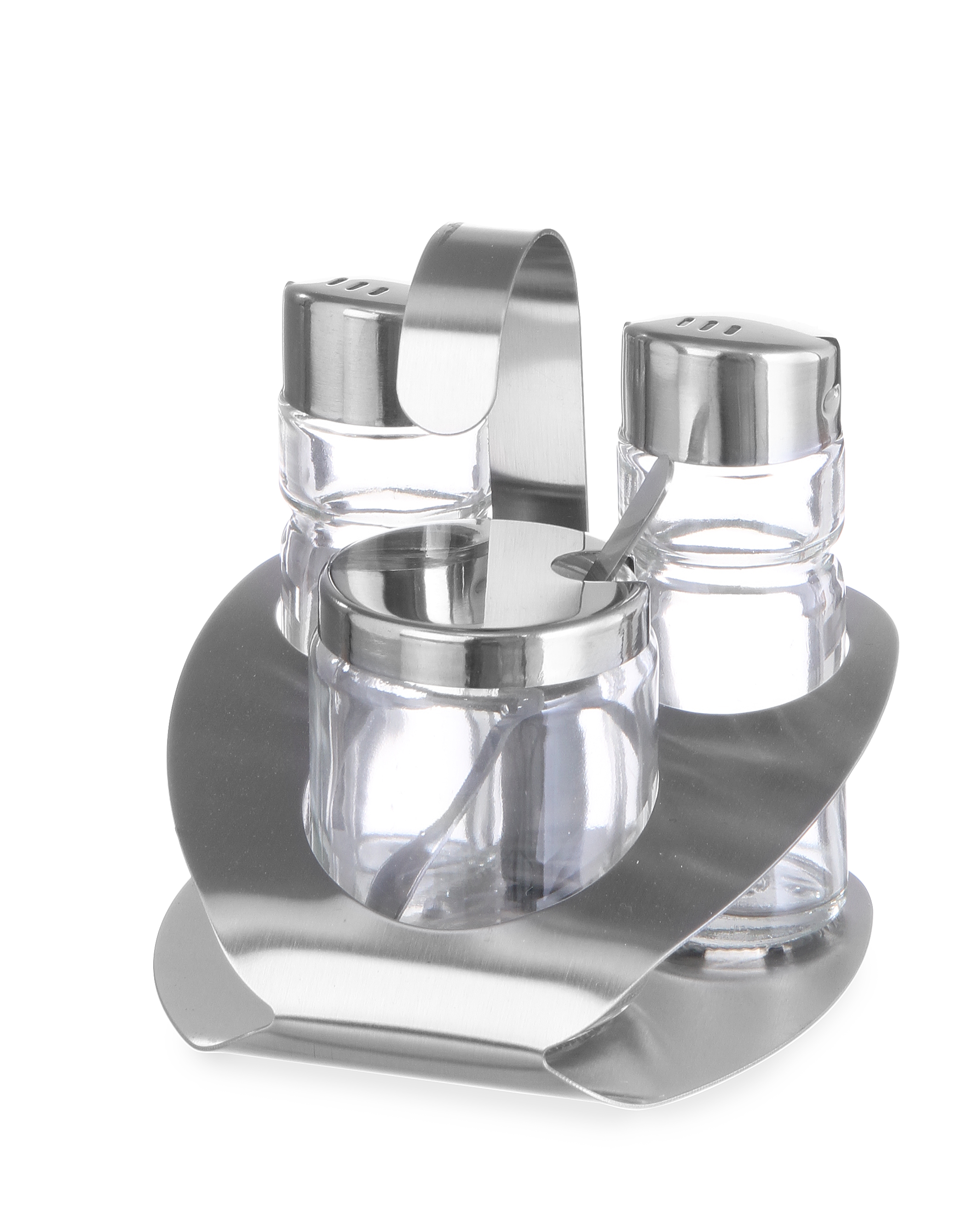 Un set di condimenti in acciaio inossidabile con due shaker, una zuccheriera e un manico. Sfondo bianco.