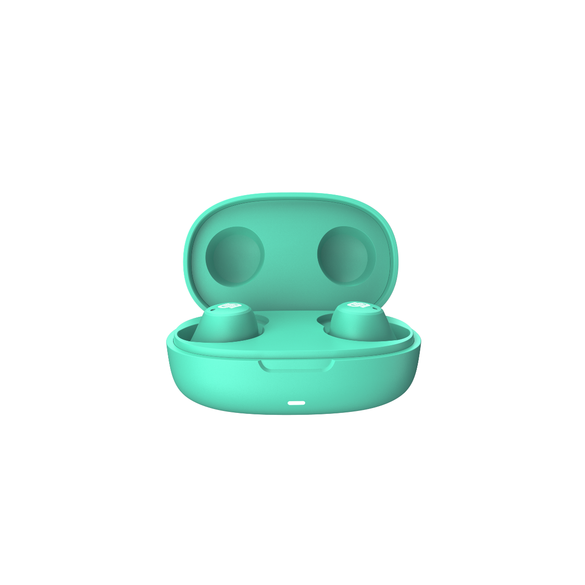 Turkusowe słuchawki douszne w etui ładującym, prezentowane na białym tle.