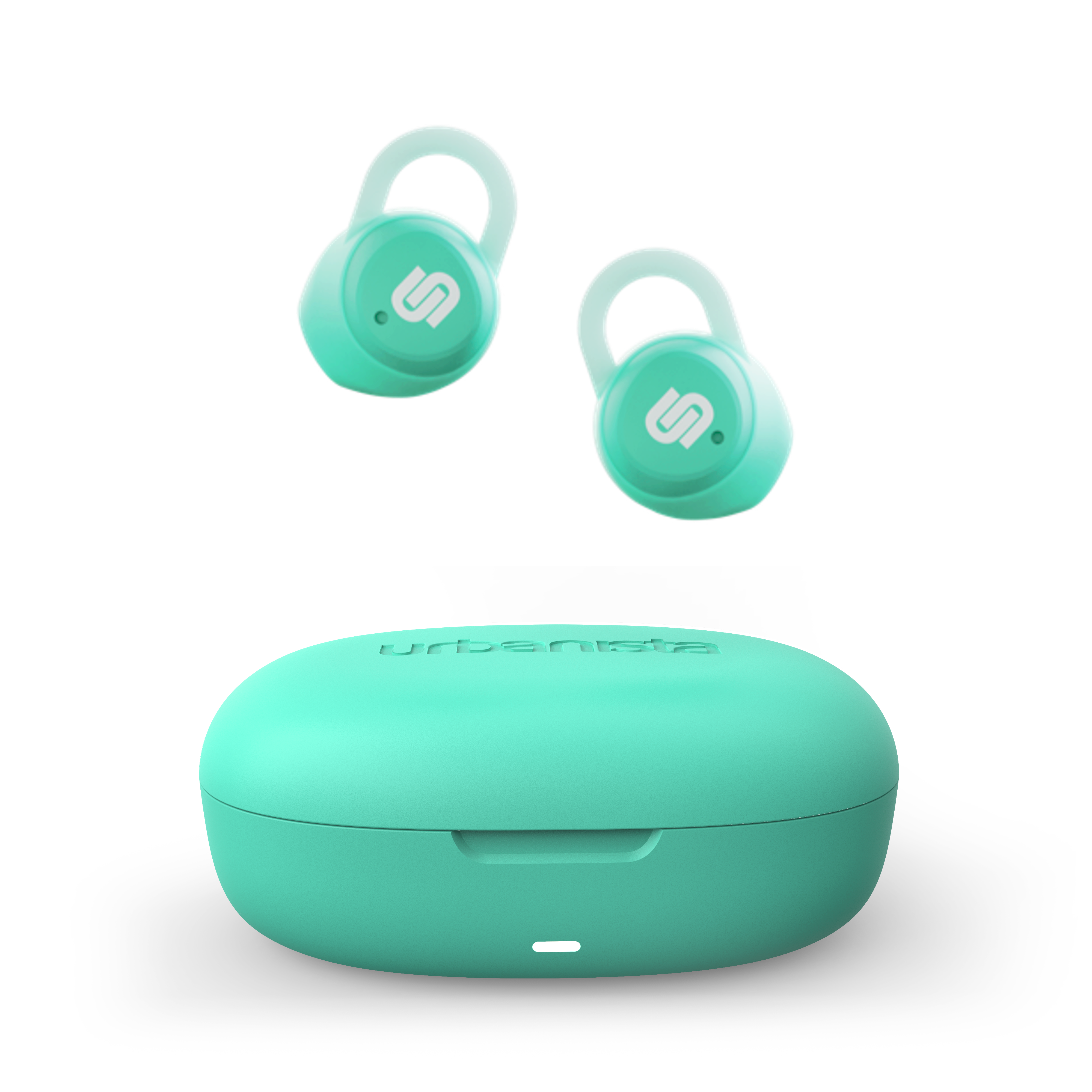 Miętowe słuchawki douszne i etui ładujące na czarnym tle, słuchawki są na górze.