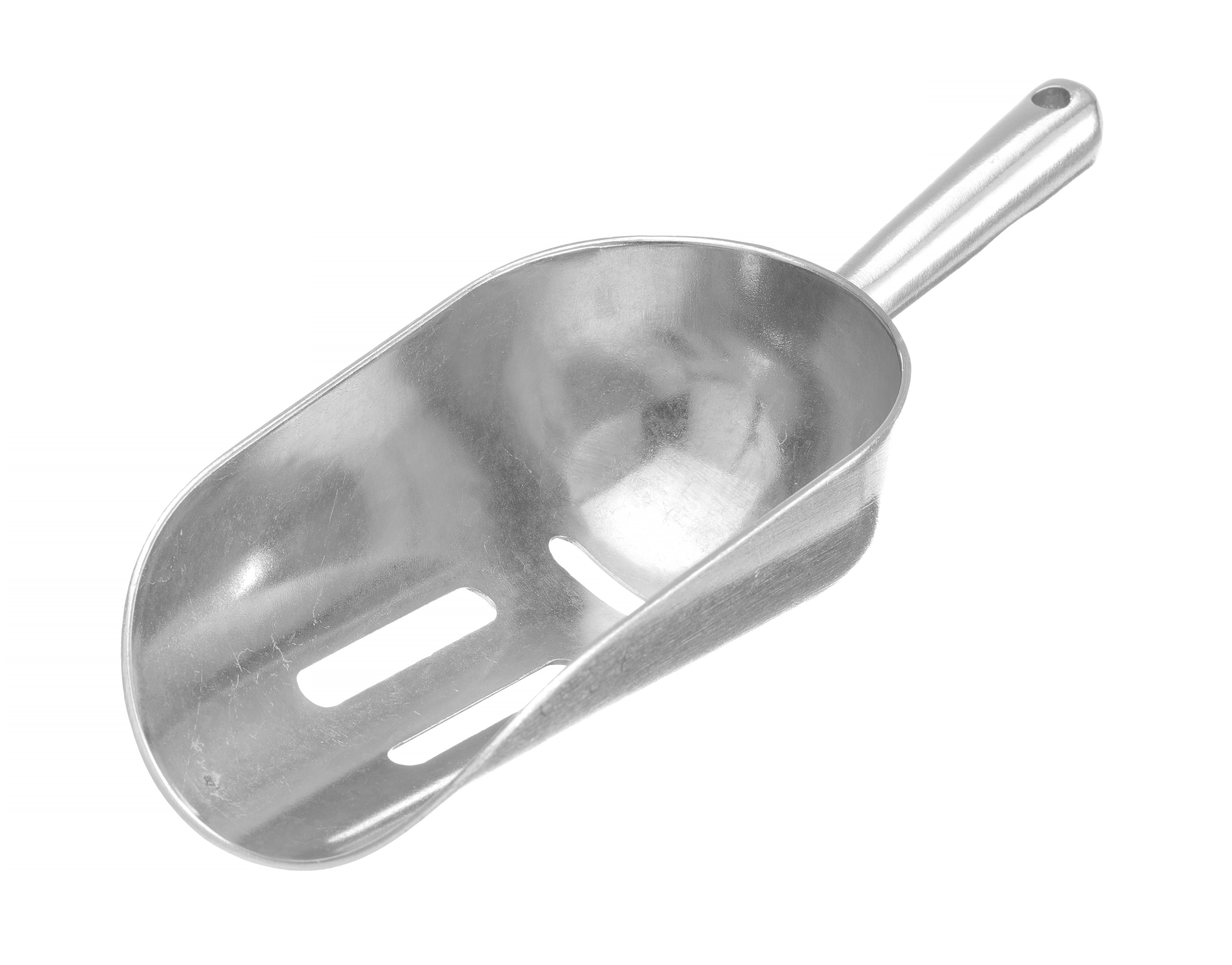 Paletta in acciaio inox su sfondo bianco.