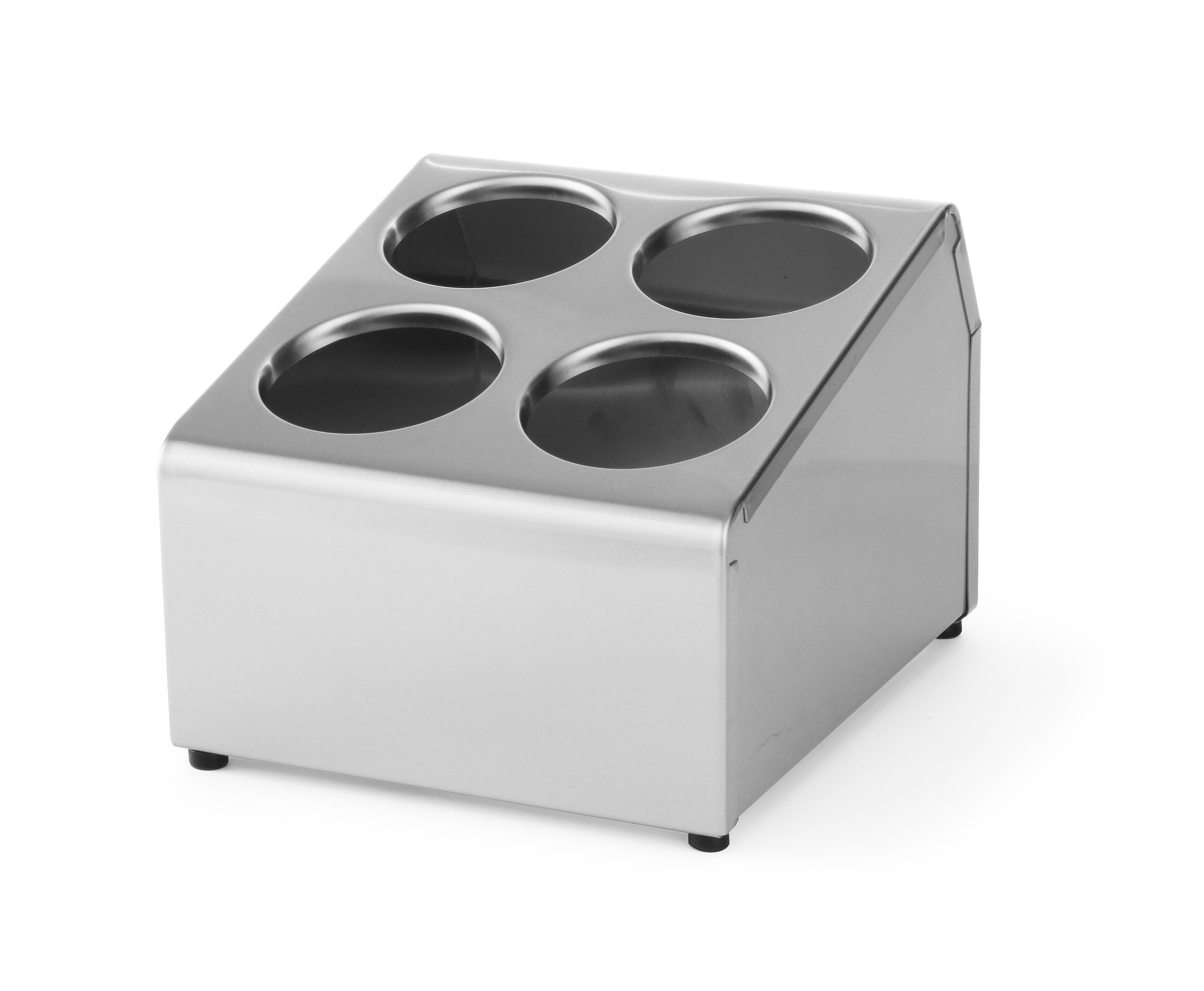 Un supporto in acciaio inossidabile con quattro aperture circolari, su bianco.