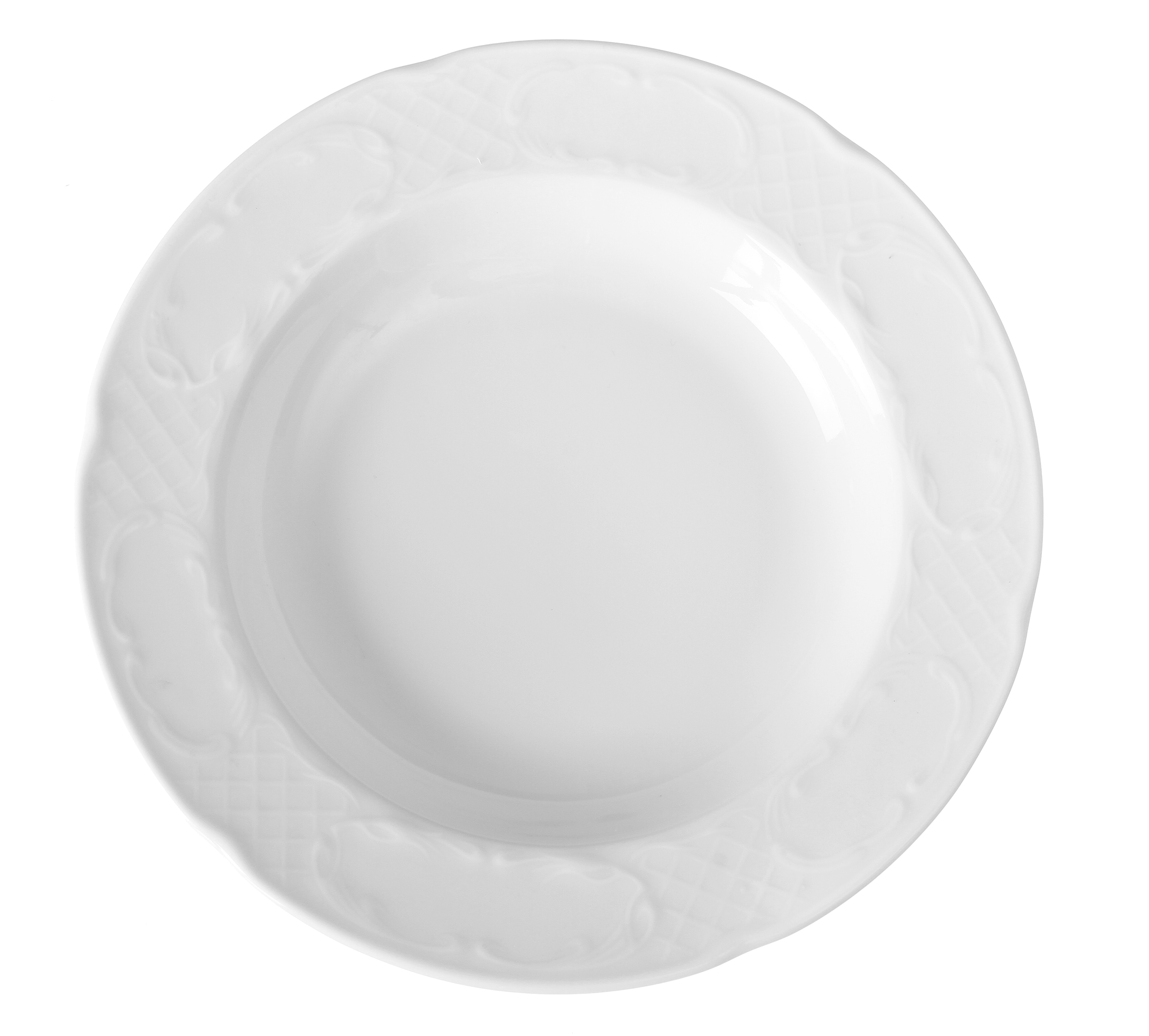 Un piatto bianco con bordo decorativo su sfondo bianco. È vuoto.