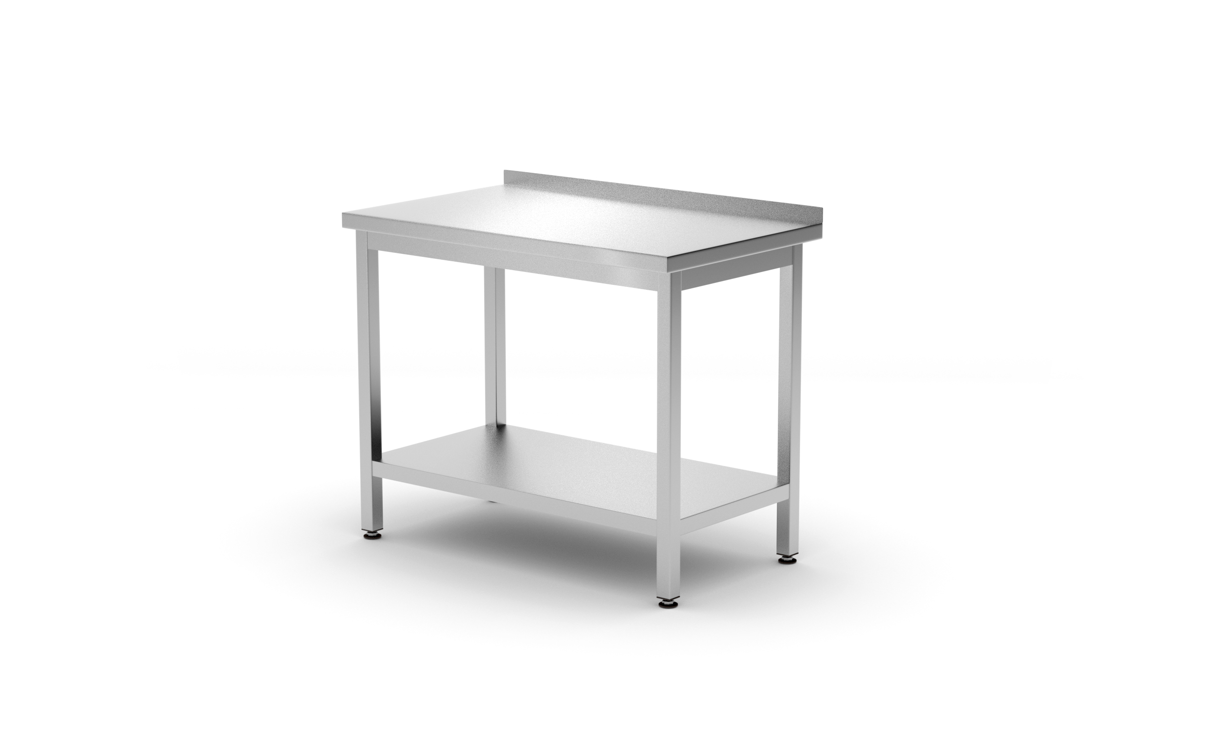 Tavolo in acciaio inox su sfondo bianco.