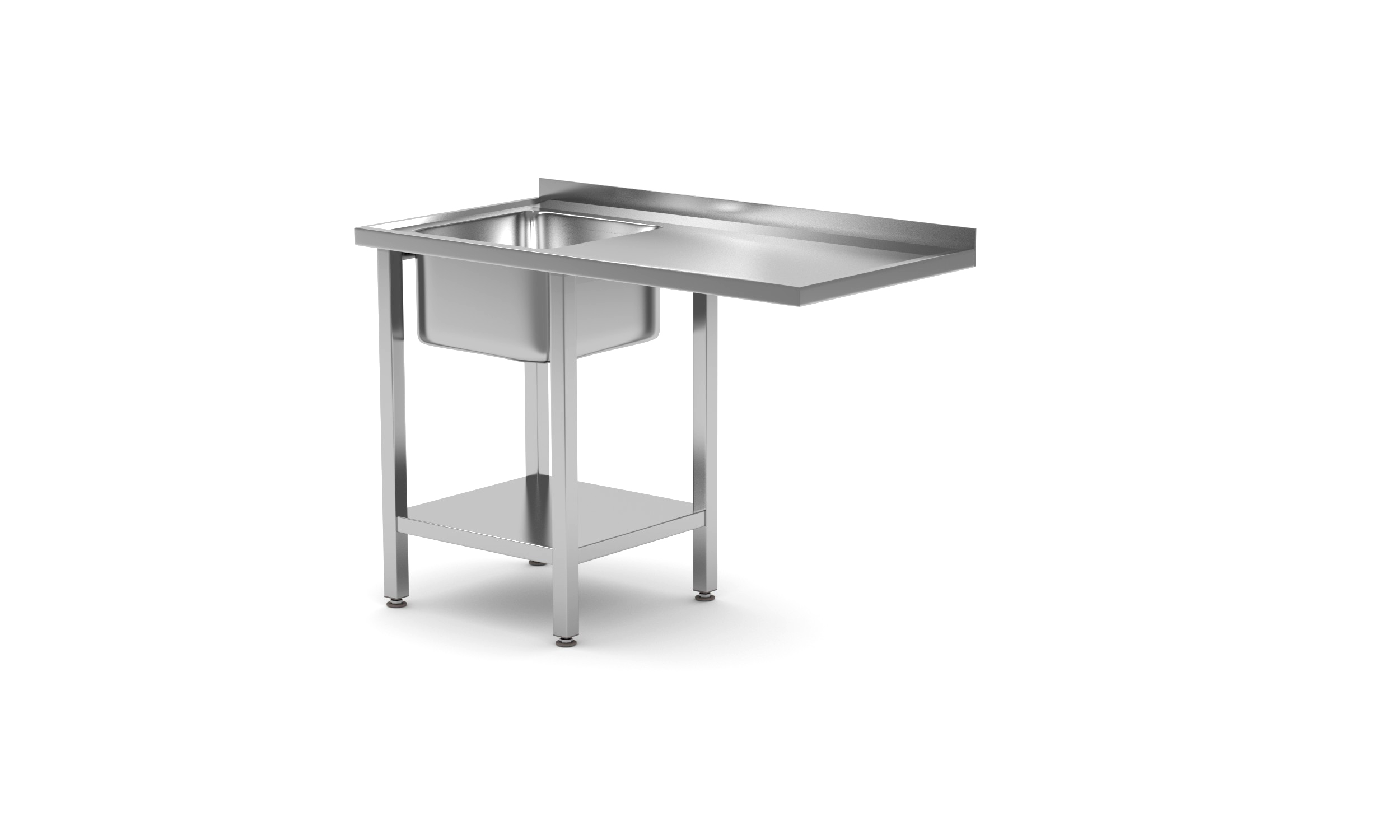 Unità lavello in acciaio inox, lavello piccolo e ripiano. Sfondo bianco.