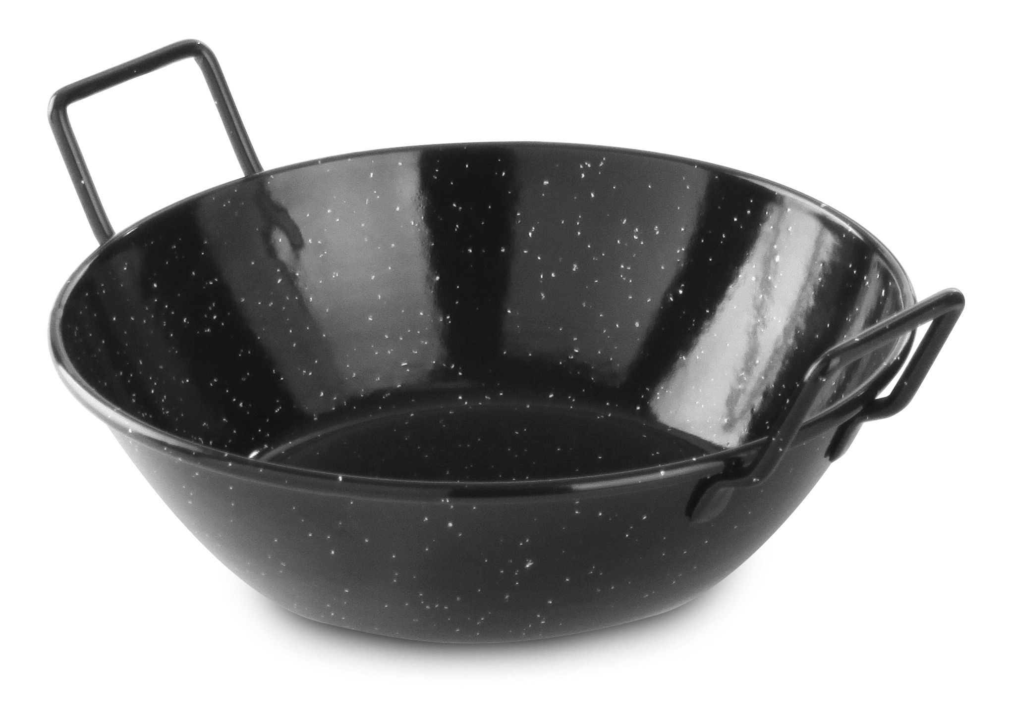 Padella nera macchiettata con manici su sfondo bianco.