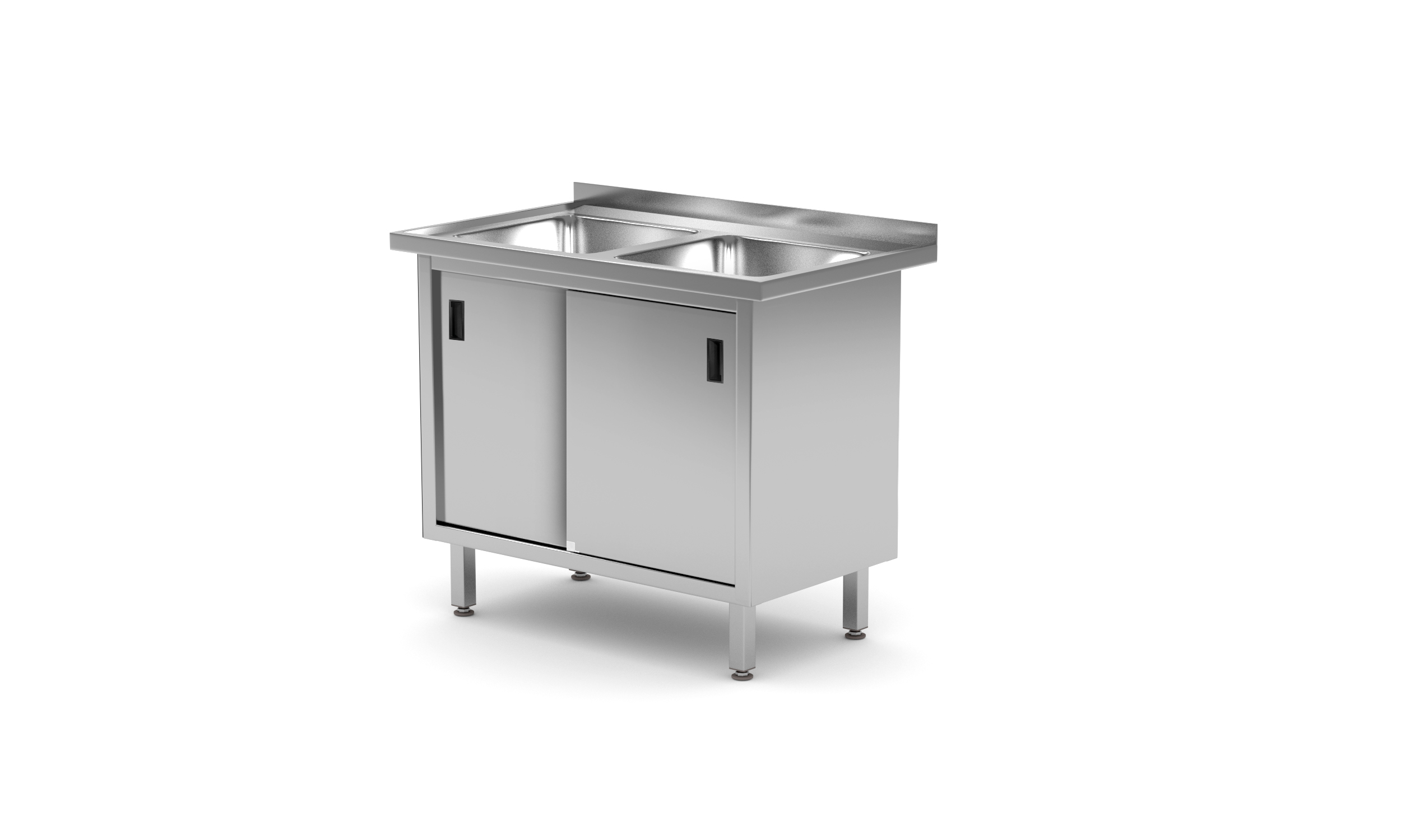 Mobile lavello in acciaio inox su sfondo bianco.