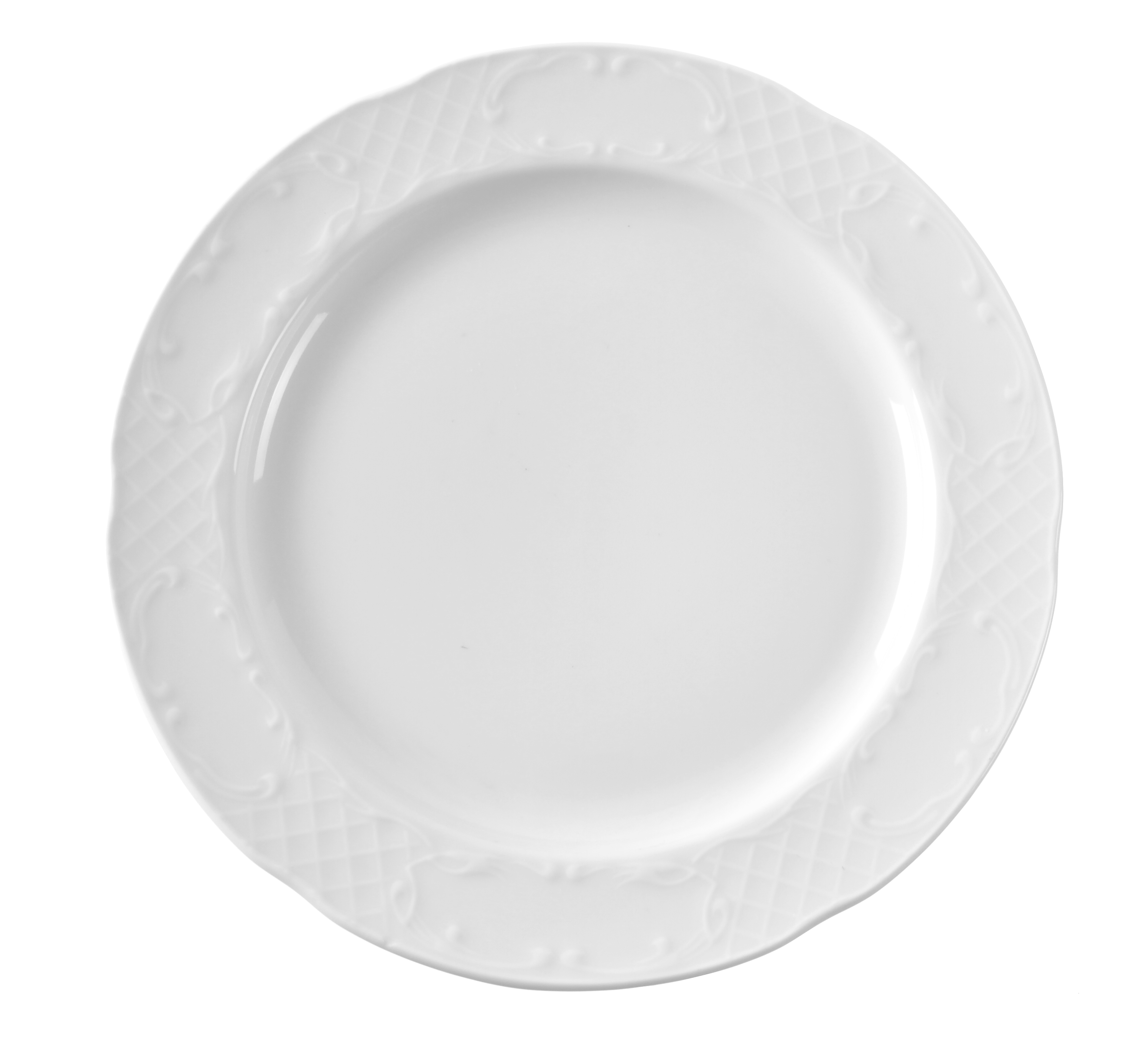 Un piatto bianco con bordo decorato. Il piatto è su uno sfondo bianco.