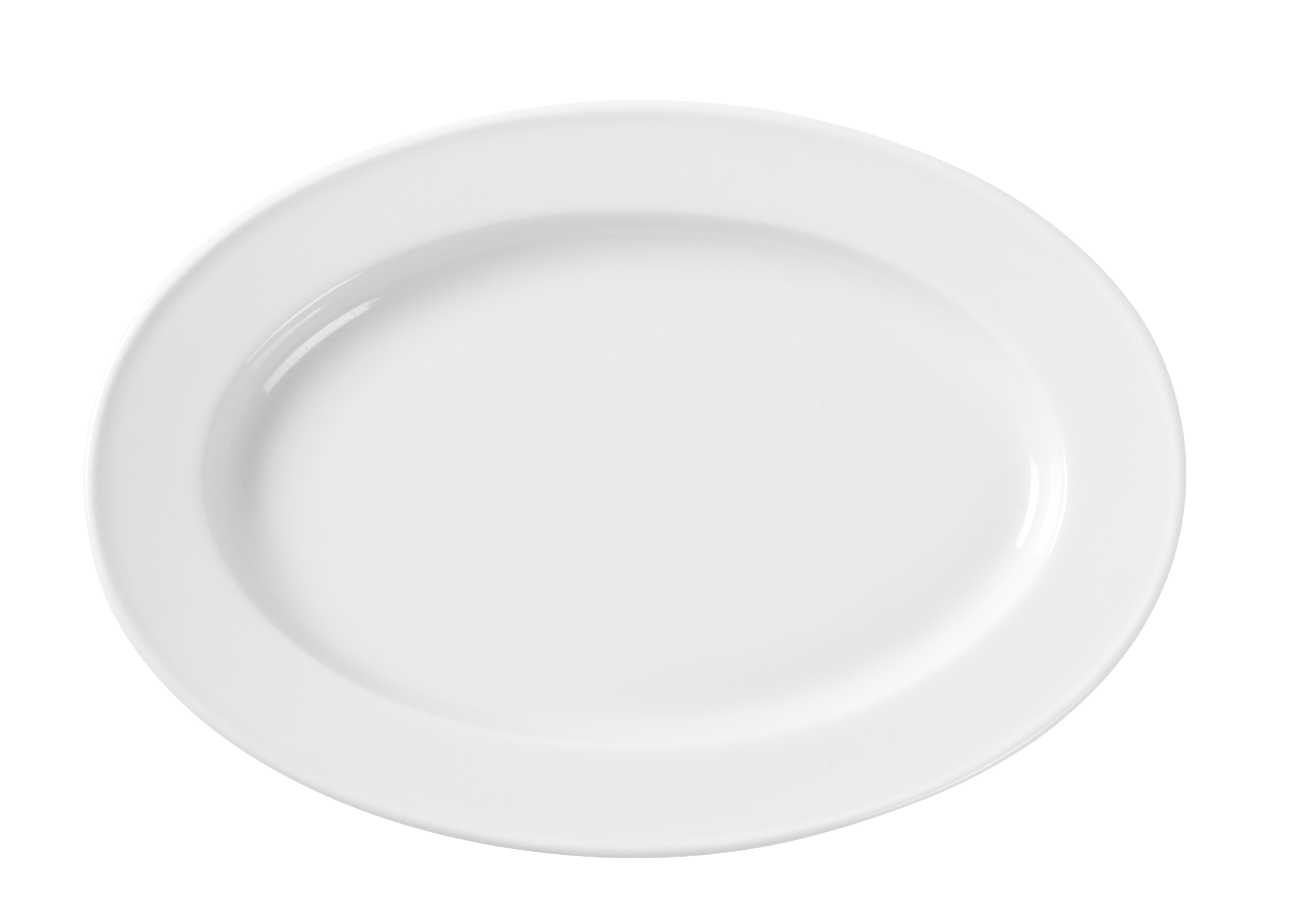 Piatto ovale bianco su sfondo bianco, superficie liscia, bordo bordato.