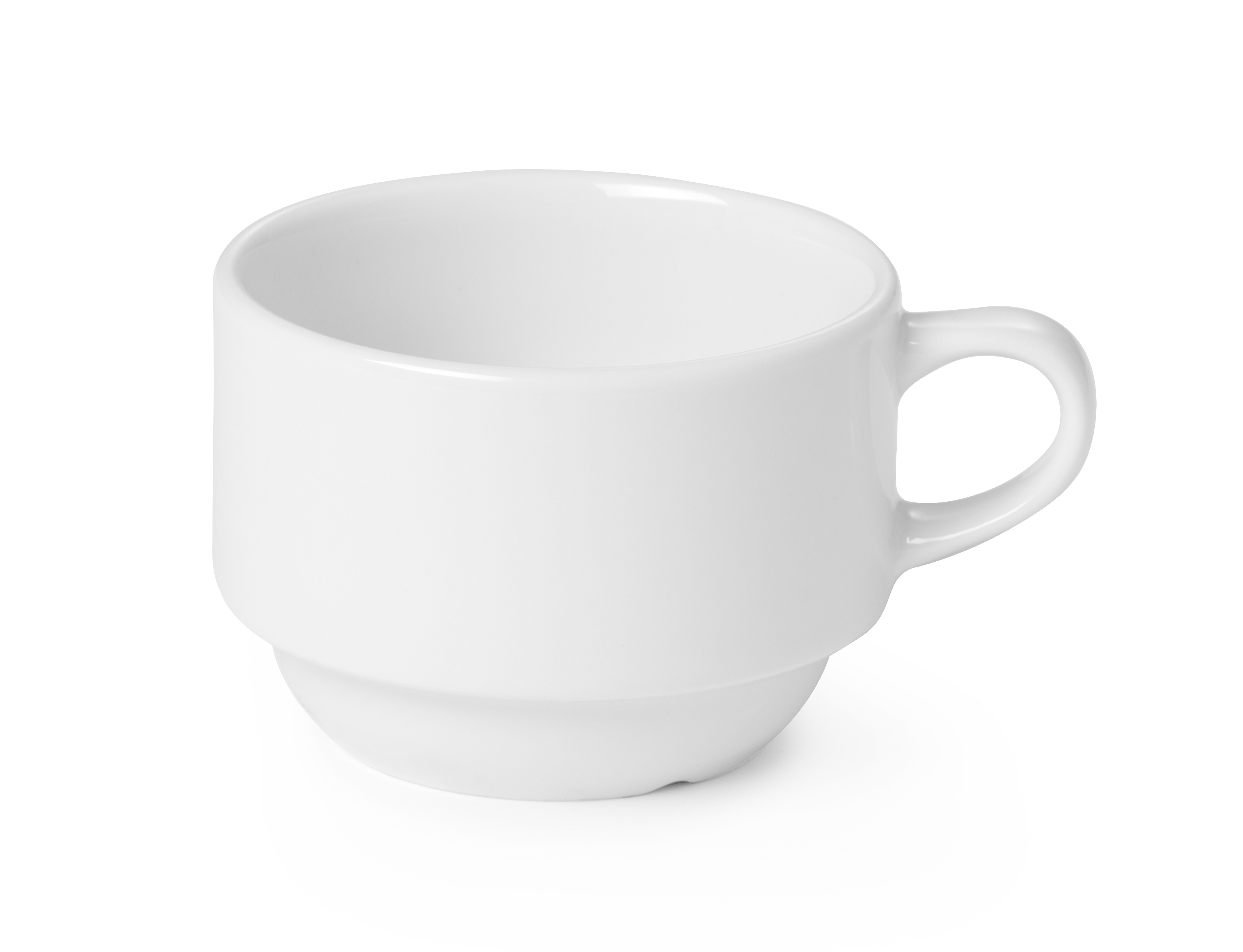 Tazza bianca con manico, su sfondo bianco.