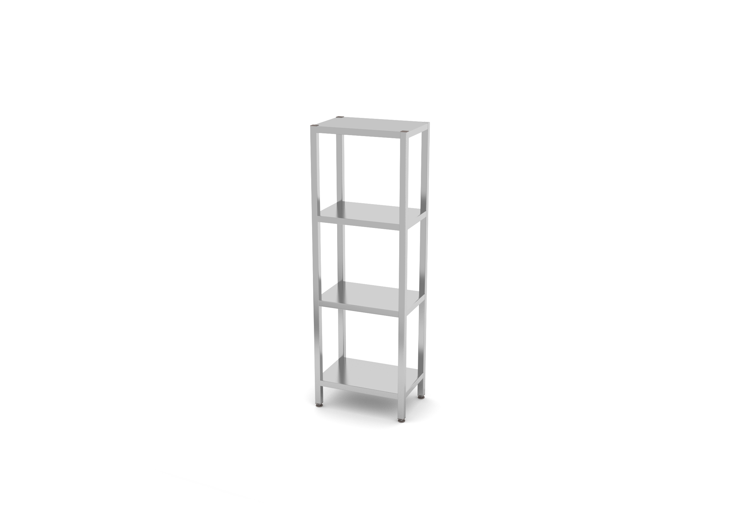 Una scaffalatura alta in acciaio inossidabile con quattro ripiani, su sfondo bianco.