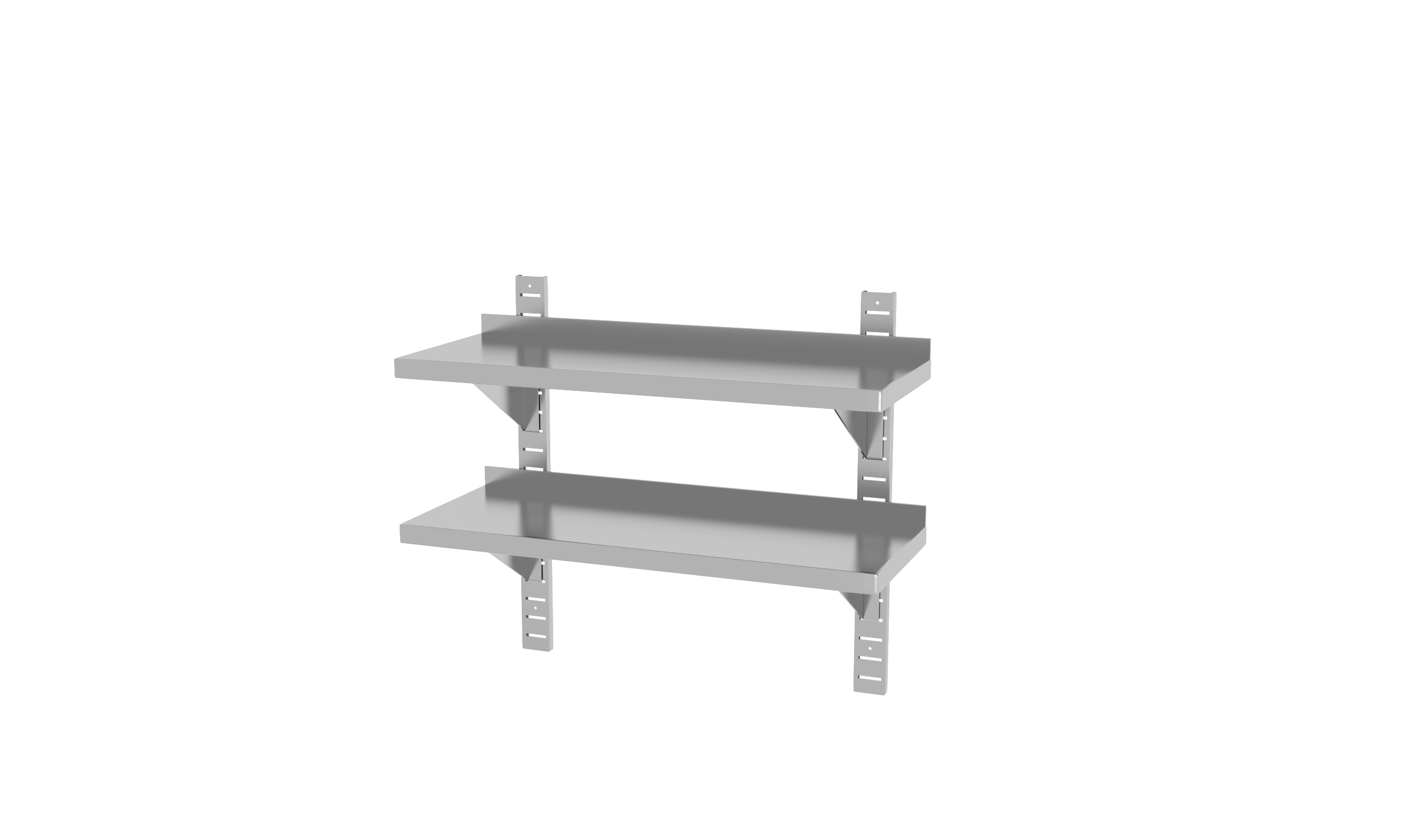 Due mensole in acciaio inox con staffe. Sfondo bianco.