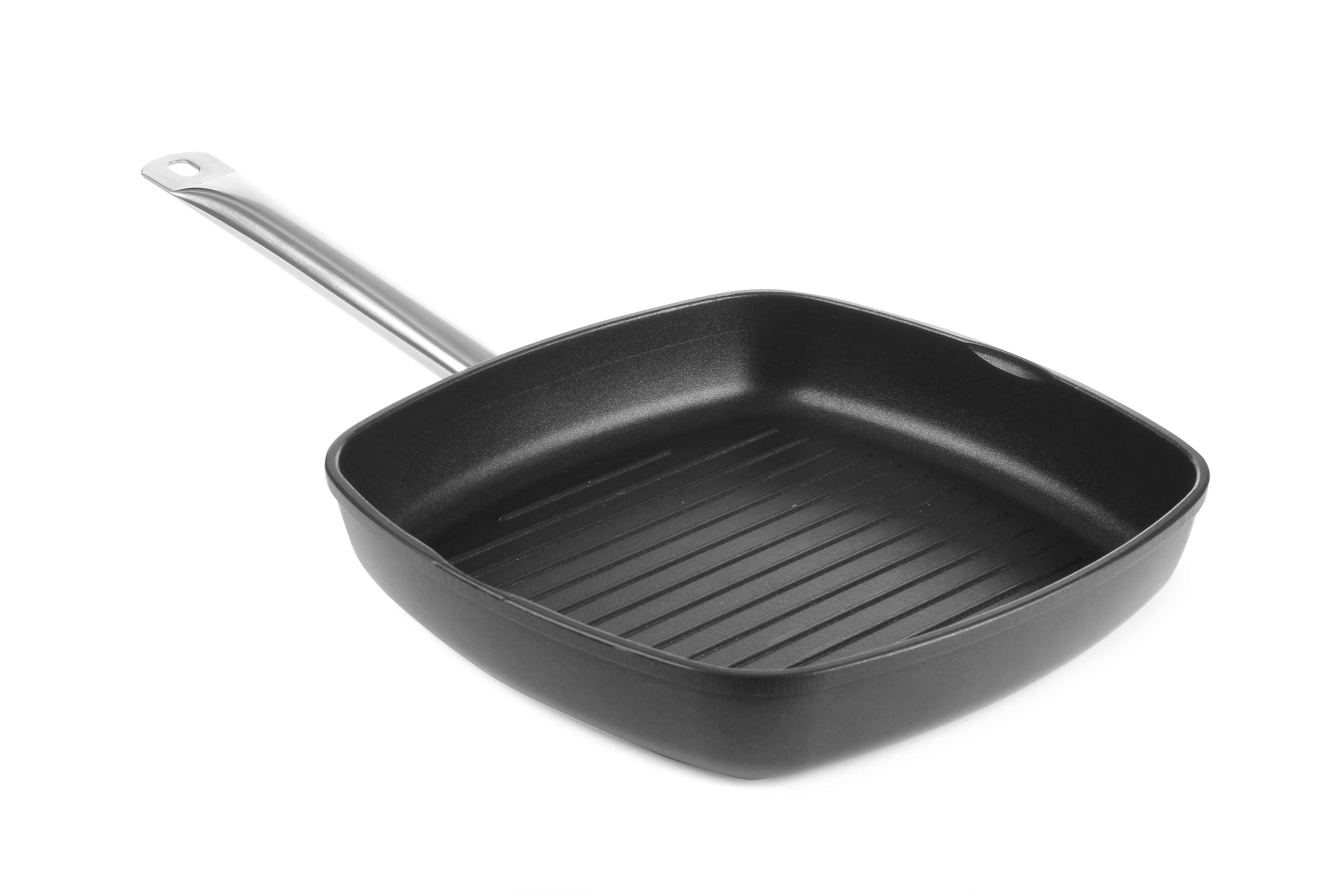 Padella griglia quadrata nera con manico lungo, sfondo bianco.