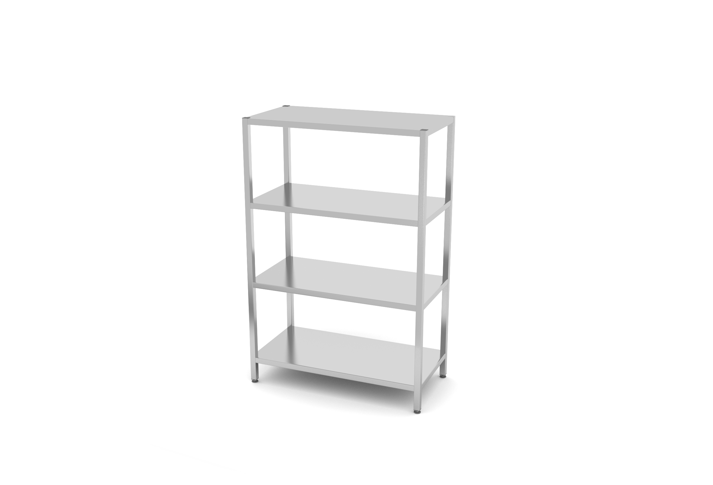 Una scaffalatura in acciaio inox con quattro ripiani. Sfondo bianco.