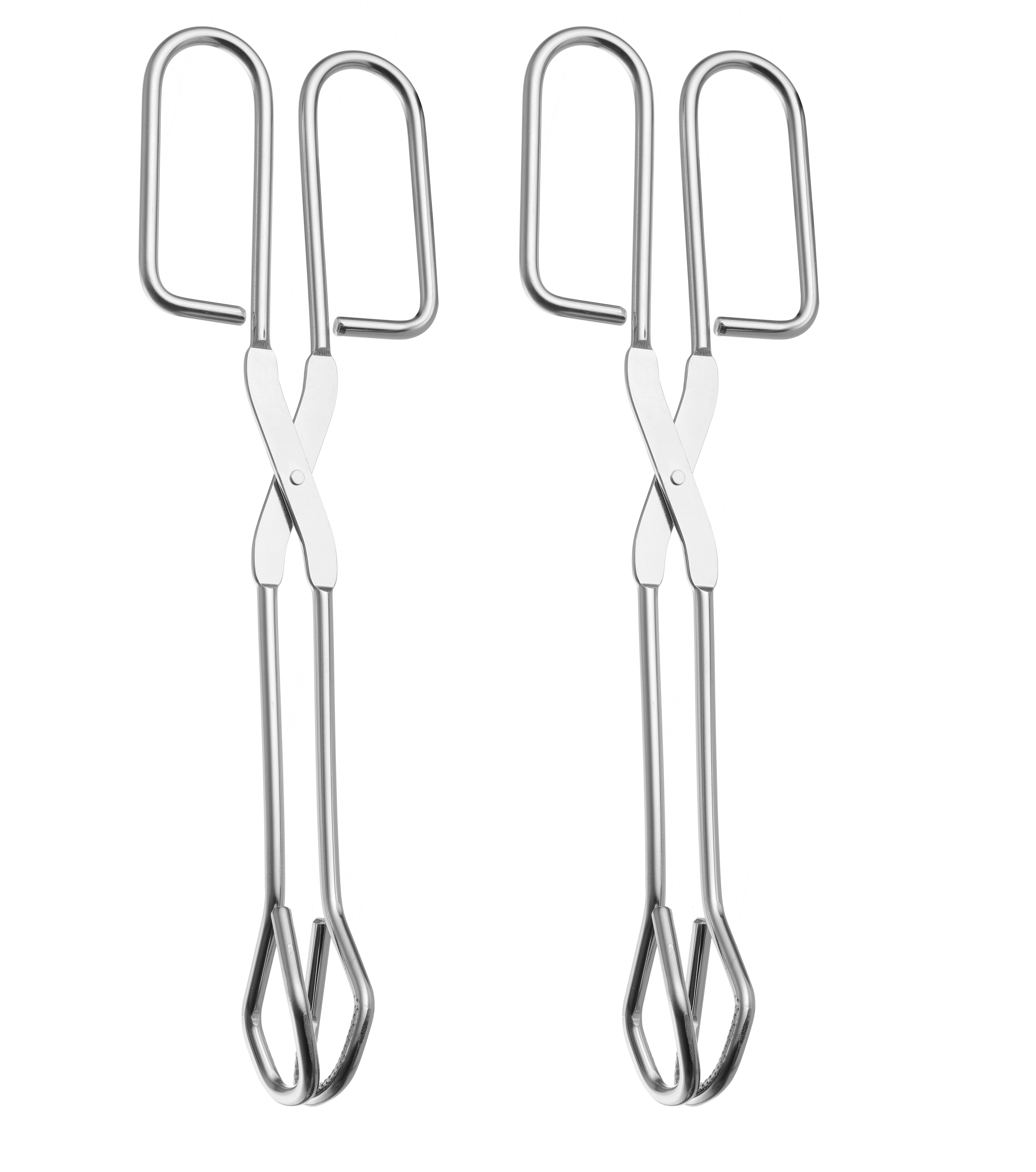 Due pinze in acciaio inox con manici. Sfondo bianco.