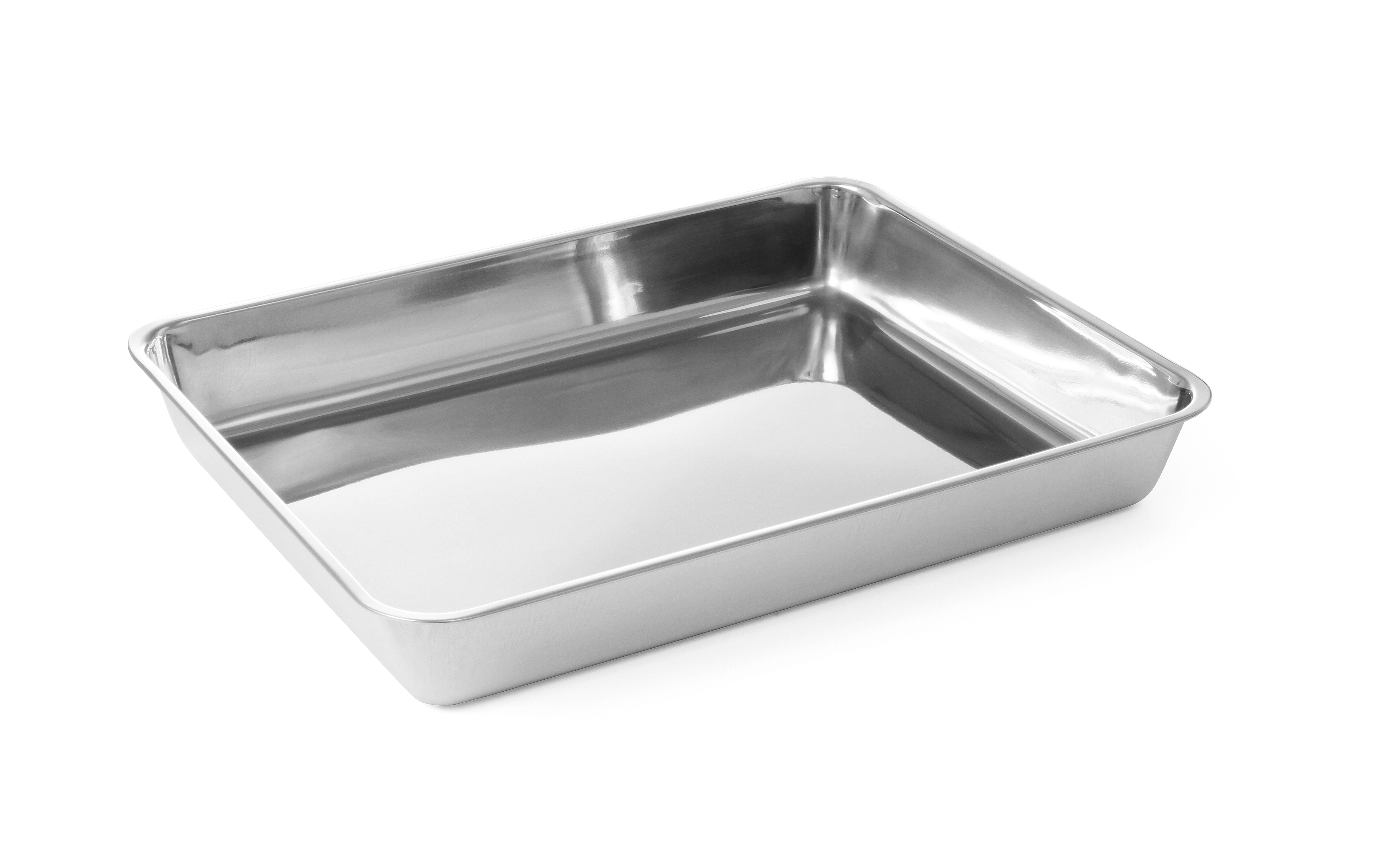 Una teglia da forno in acciaio inox. Sfondo bianco.