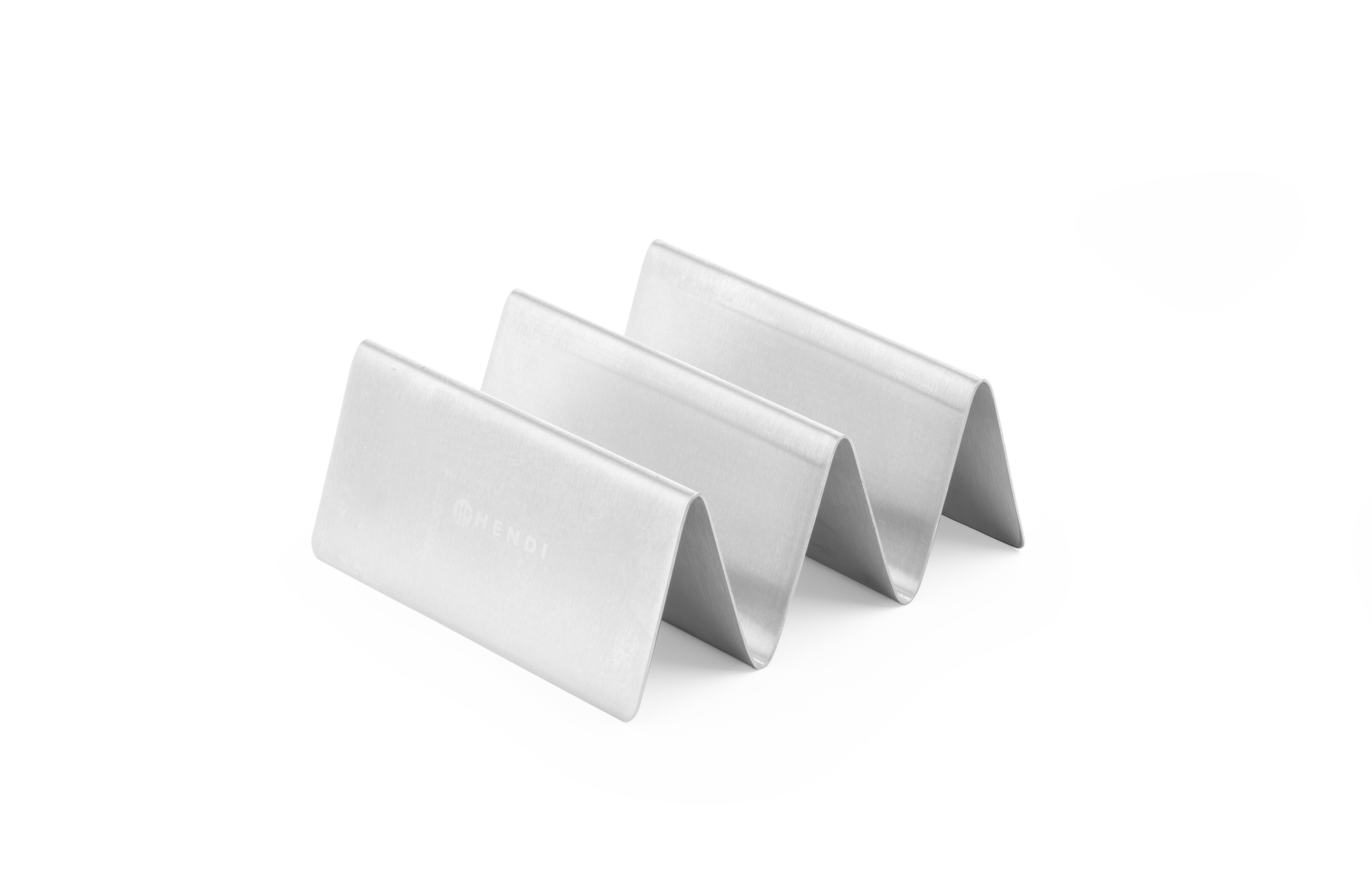 Supporti per taco argentati su sfondo bianco, a forma di zig-zag.