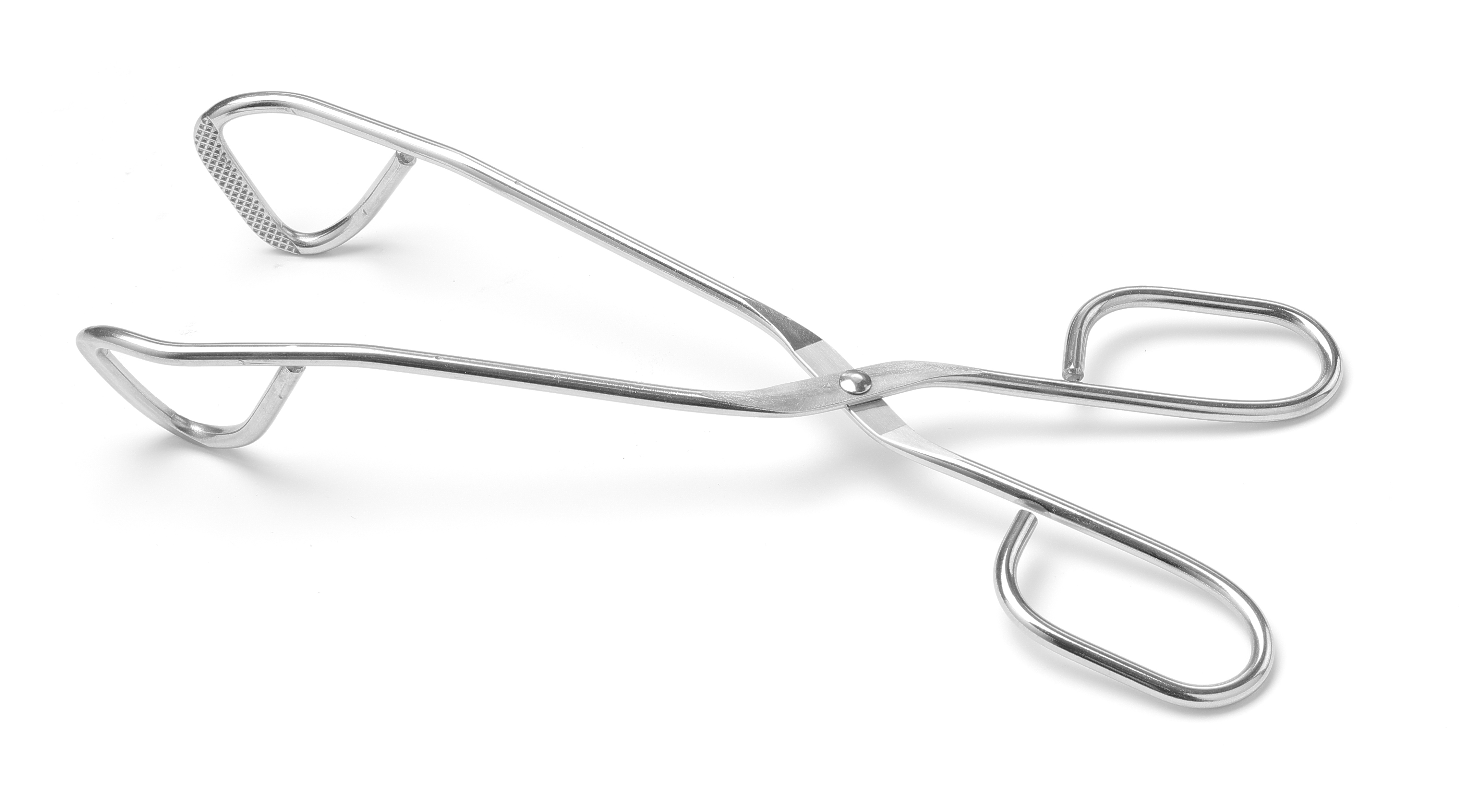 Pinze d'argento con un design a forma di forbice. Le pinze sono aperte e su sfondo bianco.
