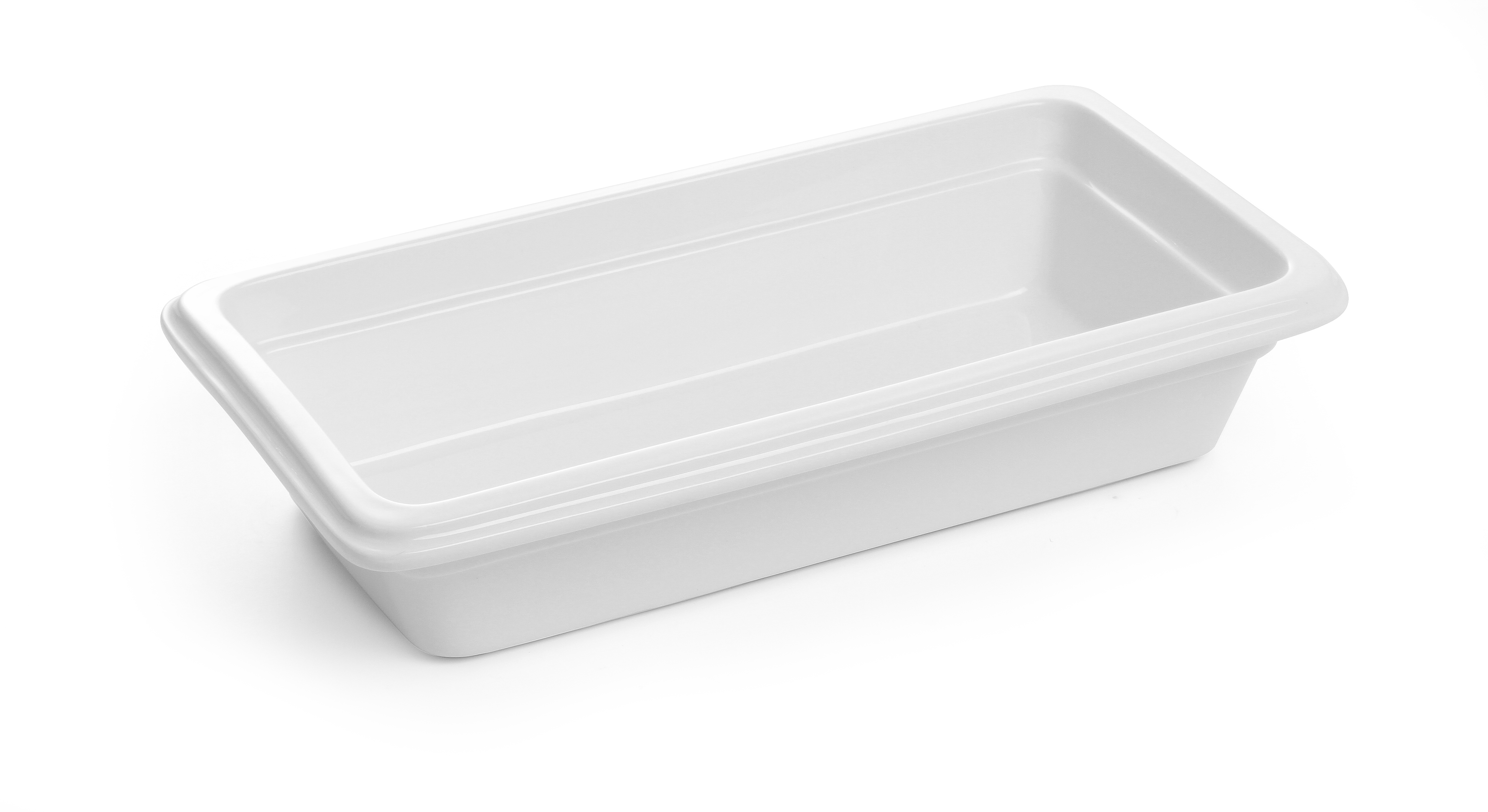 Un contenitore rettangolare bianco. Sfondo bianco.