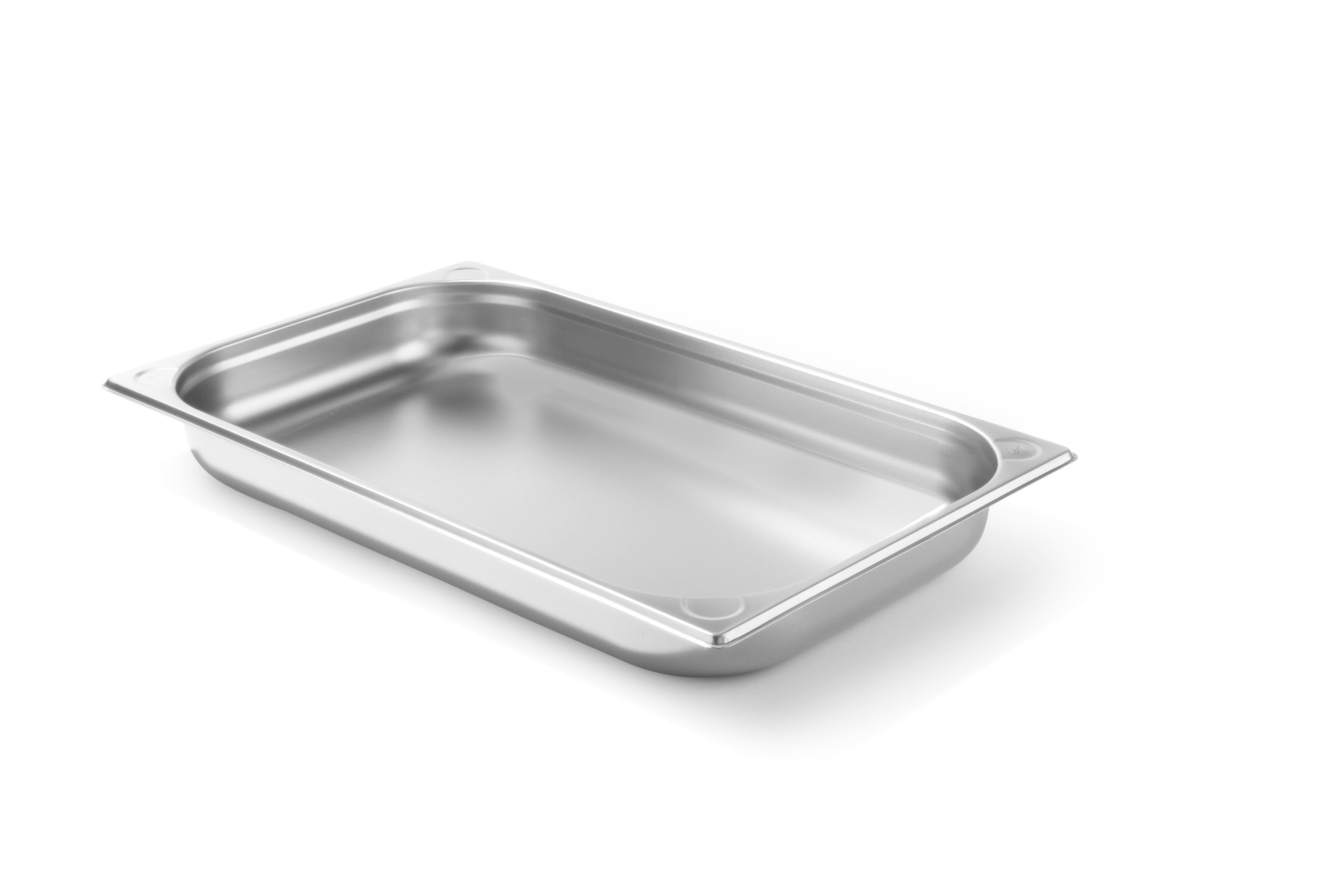 Vassoio rettangolare in acciaio inox, vuoto e lucido su sfondo bianco.
