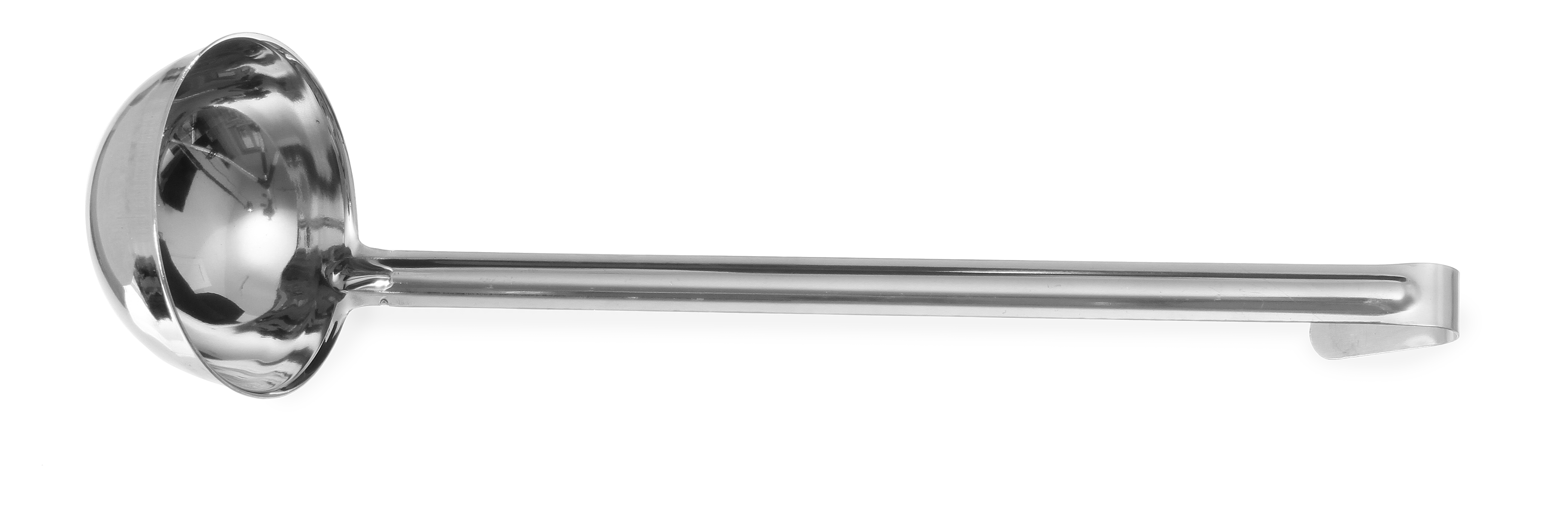 Mestolo in acciaio inox su sfondo bianco. Ciotola rotonda, manico lungo, gancio.