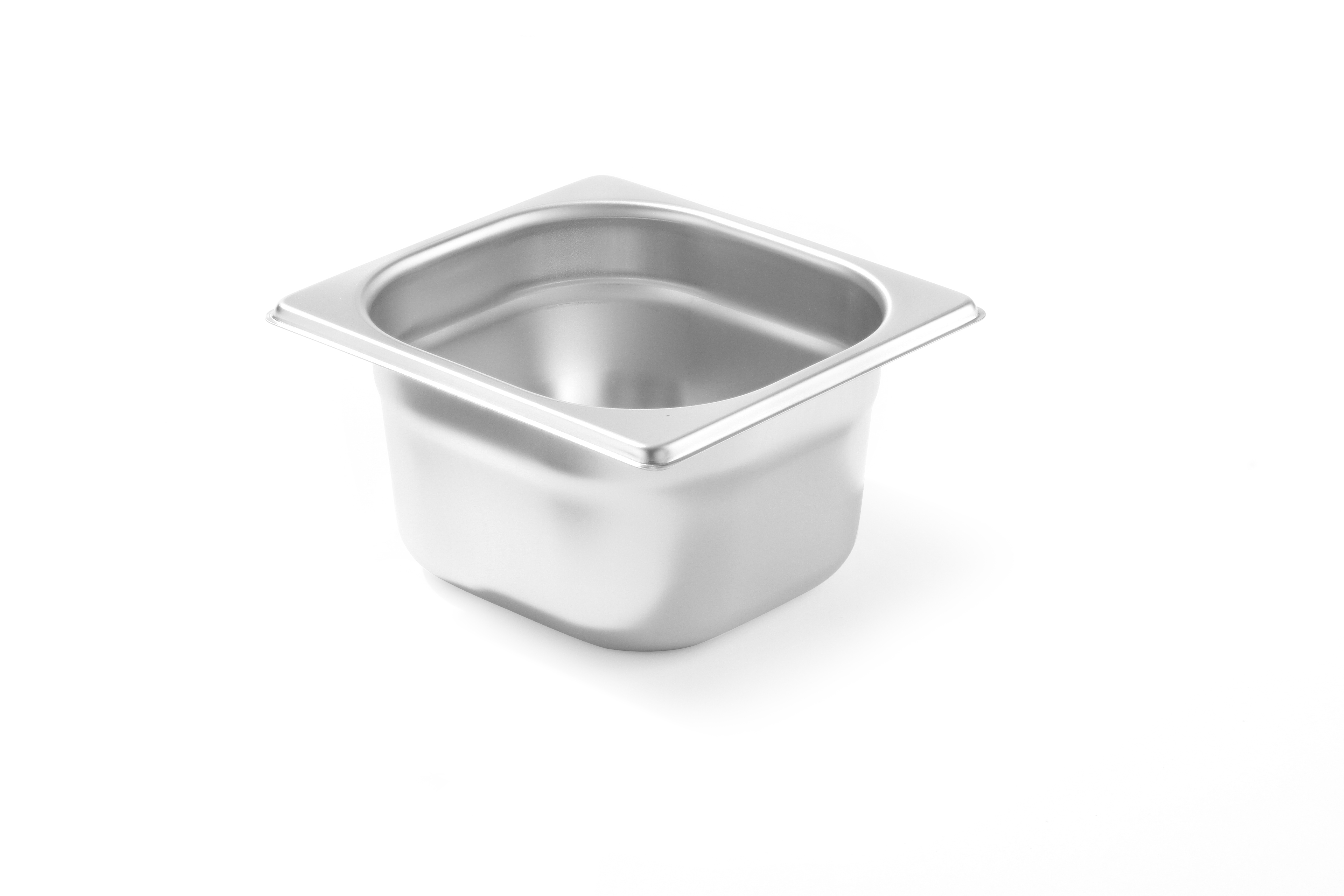 Un contenitore in acciaio inox, forma quadrata con bordo rialzato, su sfondo bianco.